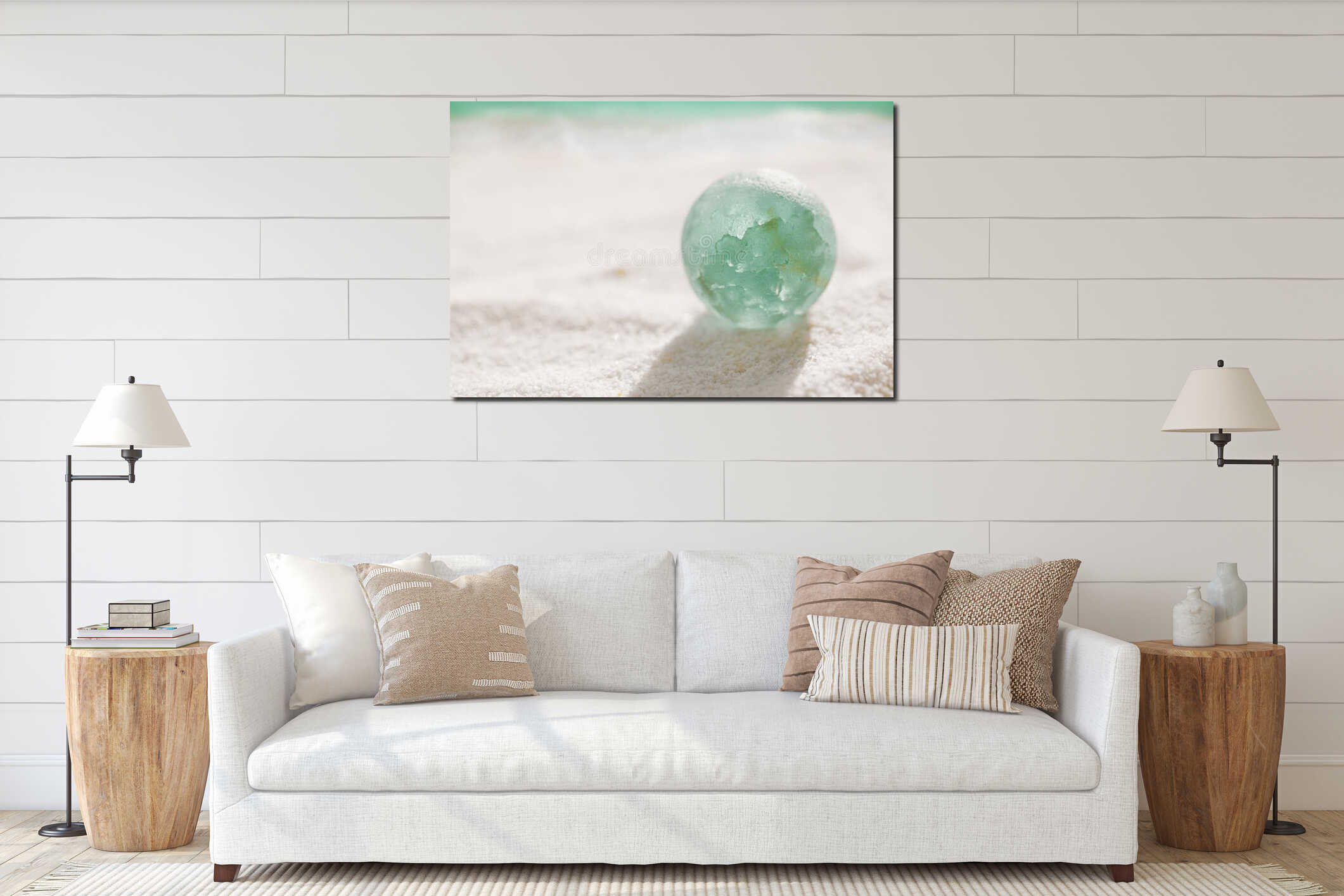 Blue sea glass marble with white sand beach interior mockup
