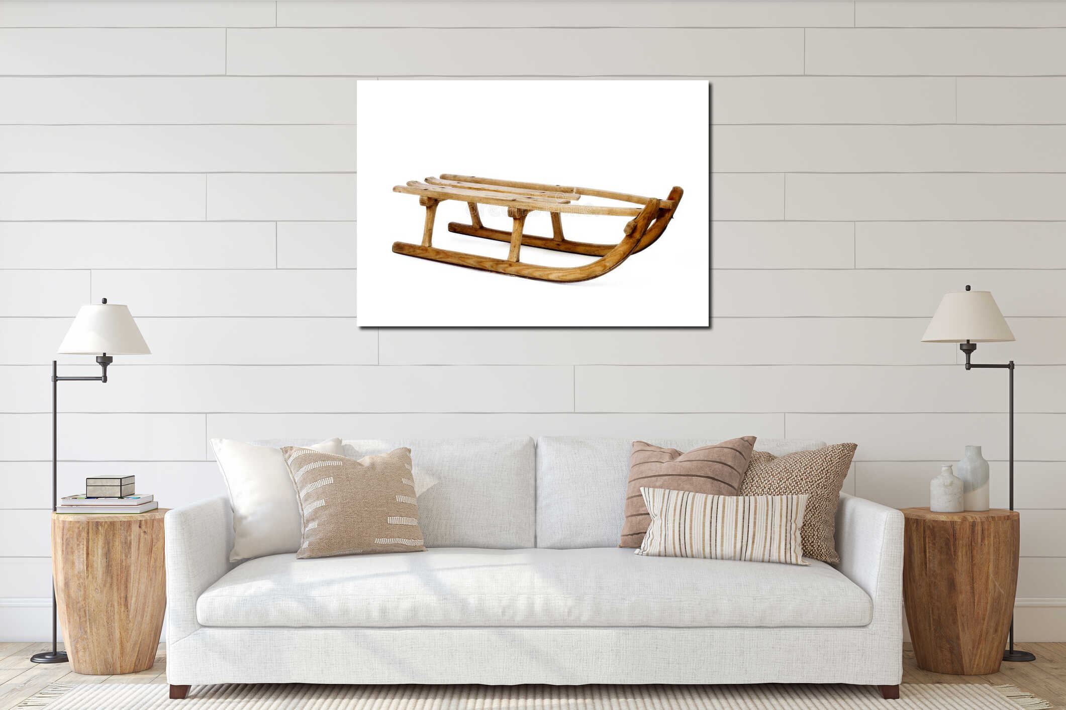 Old vintage wooden sled on white interior mockup