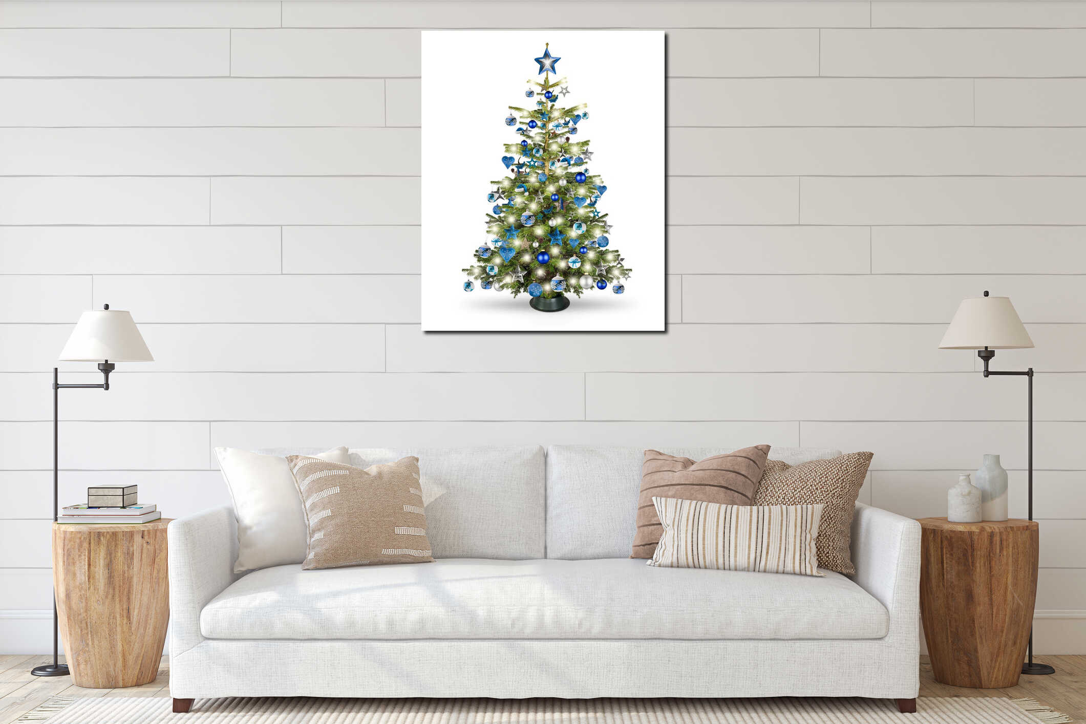 Real natural nordmann xmas christmas tree with petrol blue turquoise silver and wooden decoration. bauble star heart and bright interior mockup