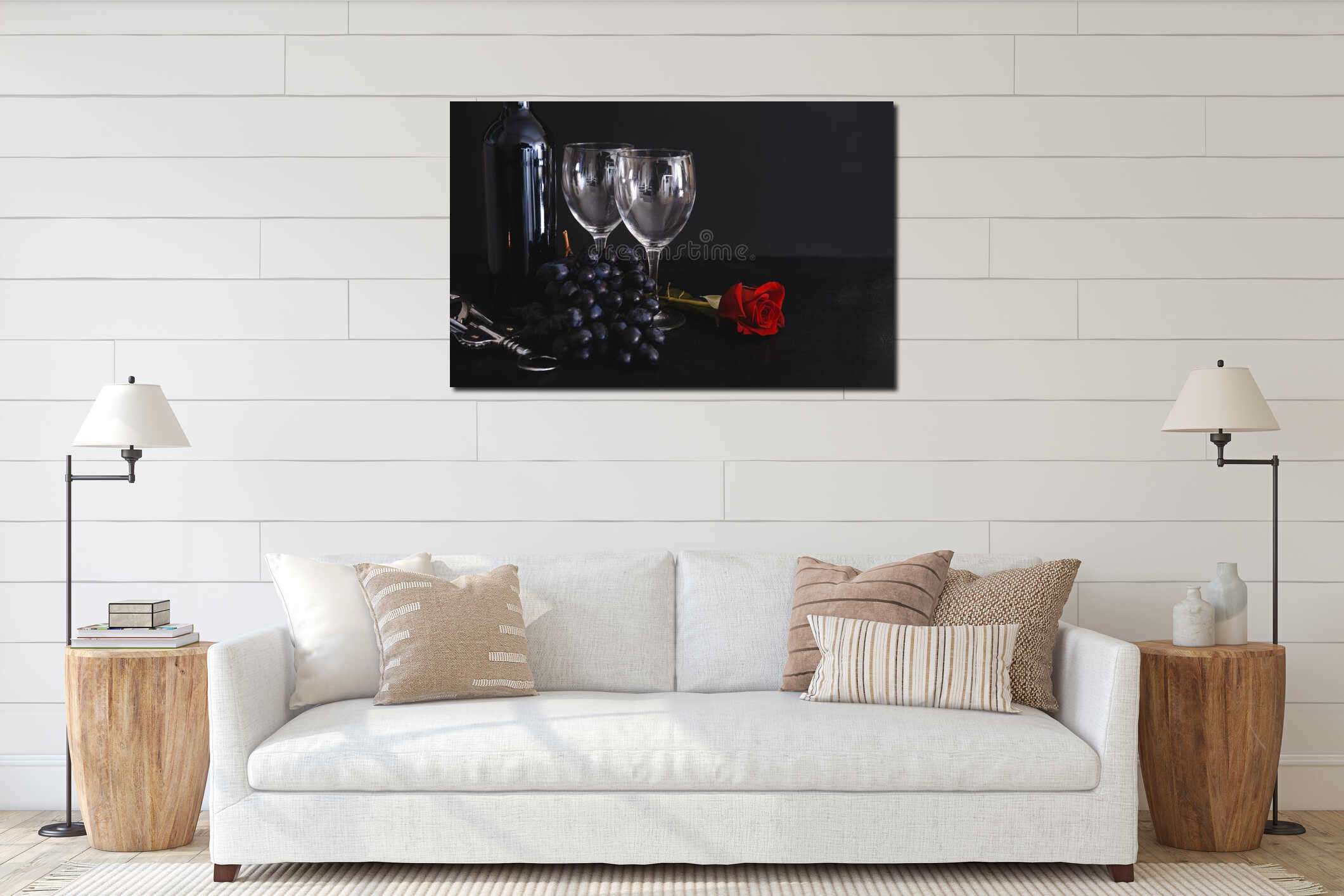 2 wine glasses, a bottle of red wine, a bunch of dark grapes, a metal corkscrew, a red rose on a black background interior mockup