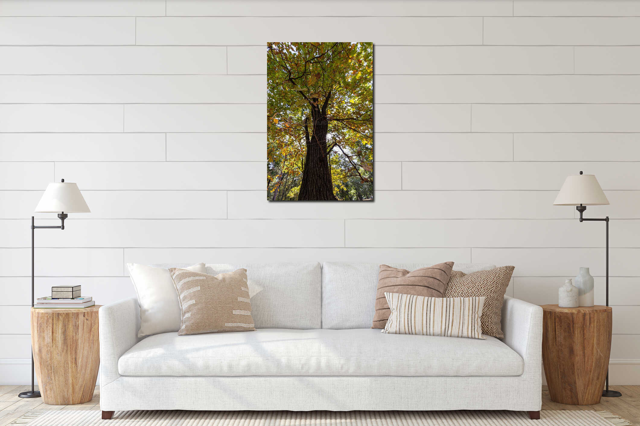 Big colorful tree with yellow and green leaves interior mockup