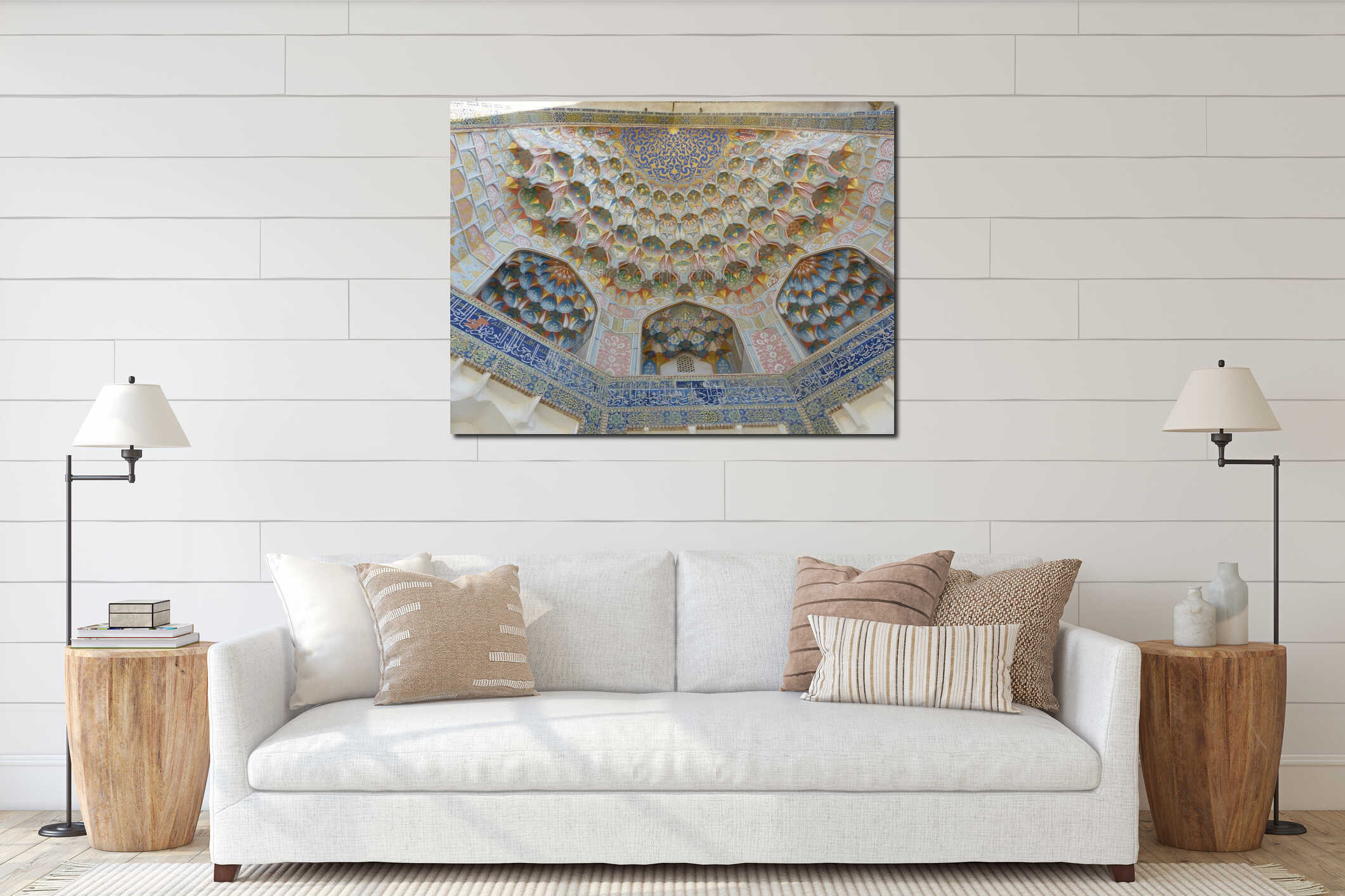 Detail of a colored decorated  ceiling to form of stalactites of a mosque to Bukhara in Uzbekistan. interior mockup