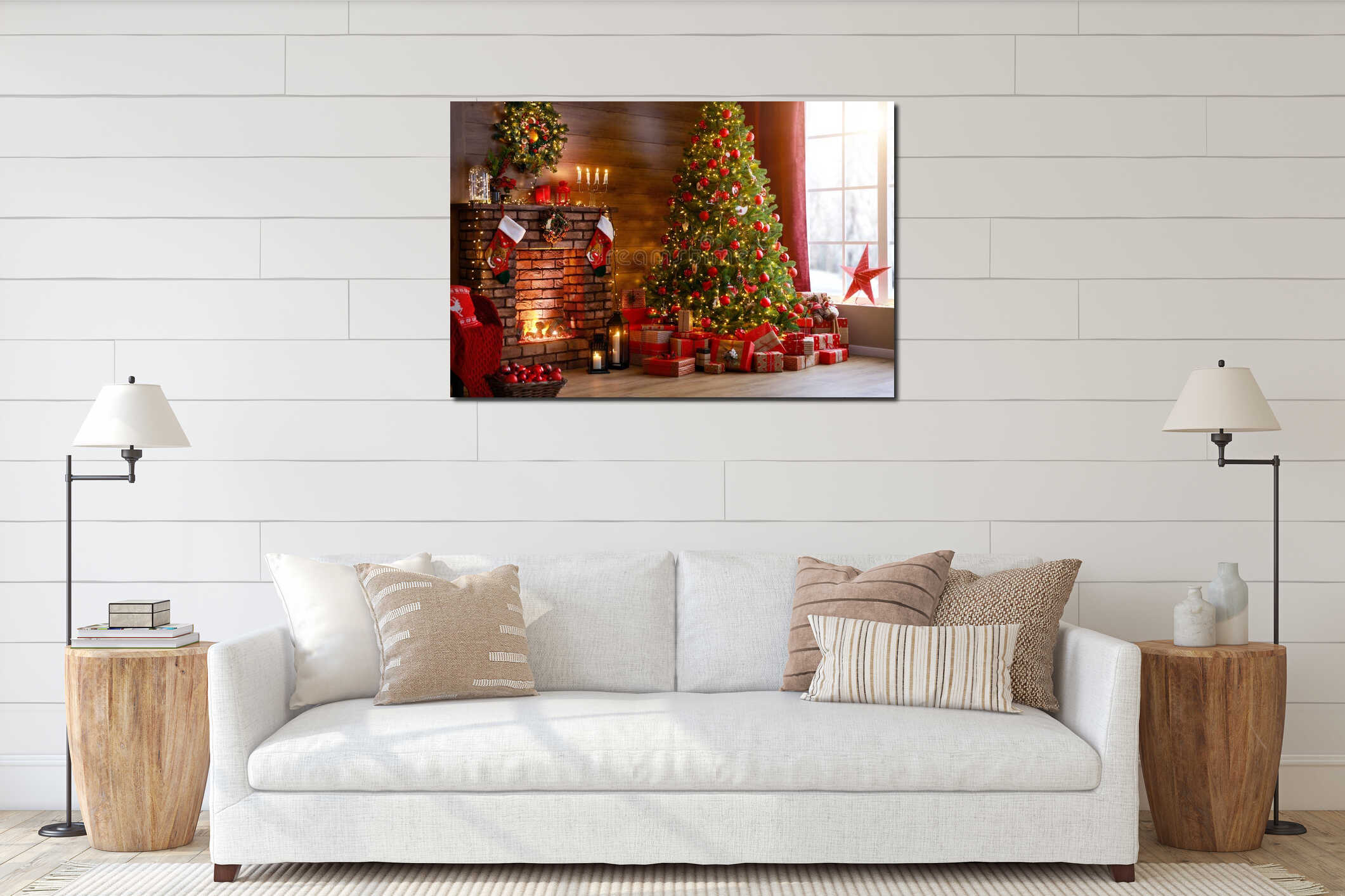 Interior christmas. magic glowing tree, fireplace, gifts interior mockup