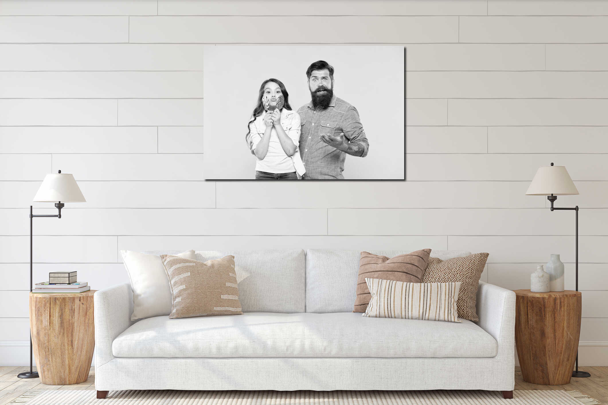 Sharing sweets with dearest people. Girl child and dad hold colorful lollipops. Sweet dessert. Bearded hipster good interior mockup