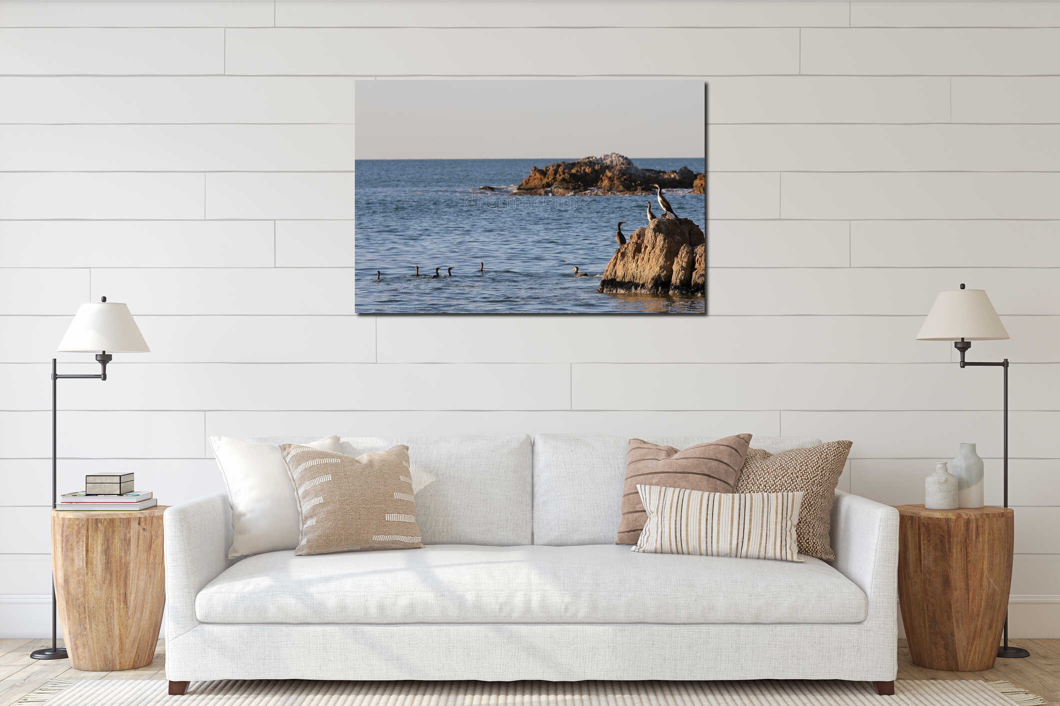 Cormorants sitting on the rocks and swimming in the water on blurred background of rocky island on horizon. Seabirds in nature. Su interior mockup