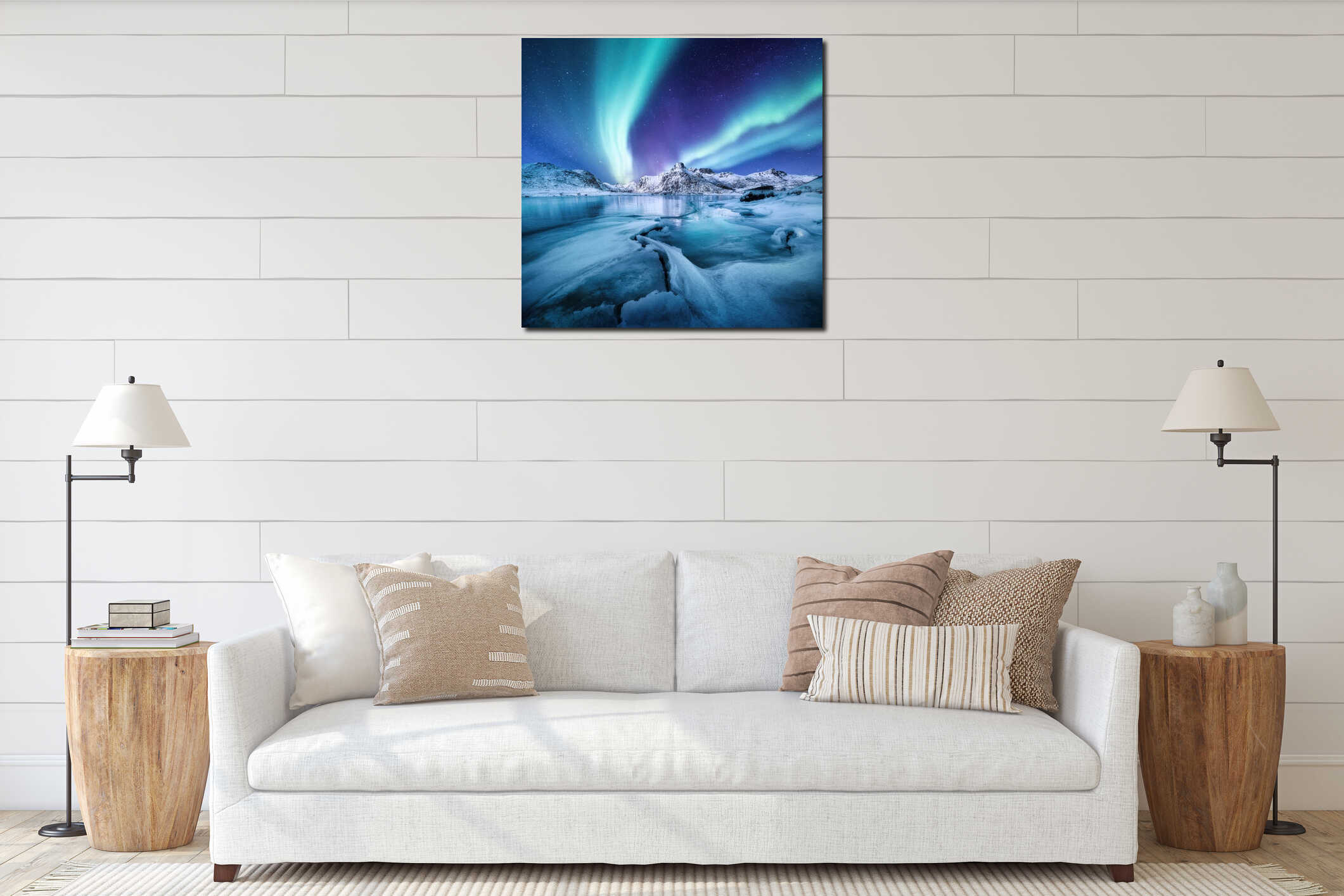 Aurora Borealis, Lofoten islands, Norway. Nothen light, mountains and frozen ocean. Winter landscape at the night time. interior mockup