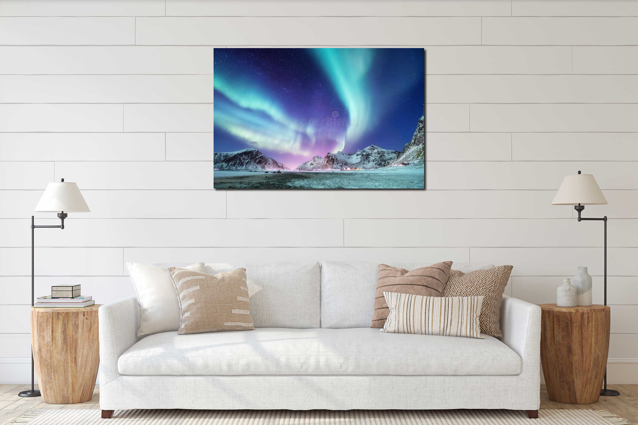 Aurora Borealis, Lofoten islands, Norway. Nothen light and reflection on the lake surface. Winter landscape at the night time. interior mockup