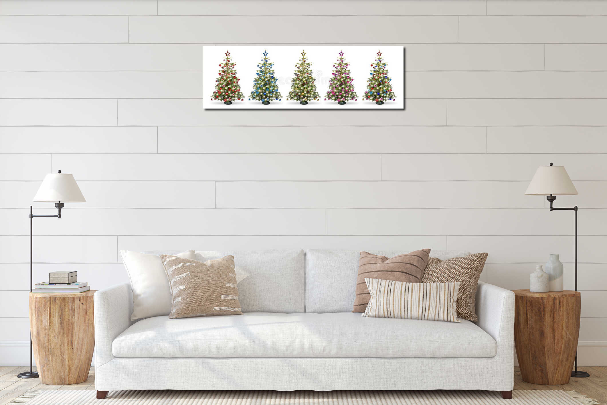 Set collection of natural nordmann christmas tree, decorated with silver red blue gold pink and silver wooden baubles stars hearts interior mockup