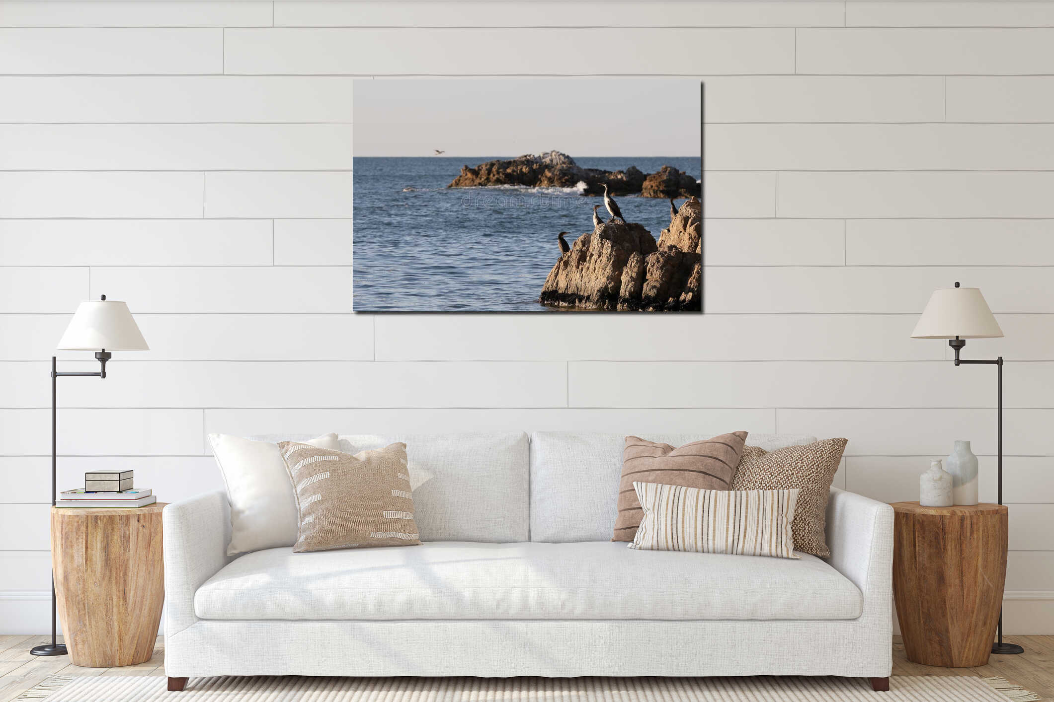 Cormorants sitting on the rocks on blurred background of rocky island on horizon. Seabirds in nature. Sunny sunrise light, calm bl interior mockup
