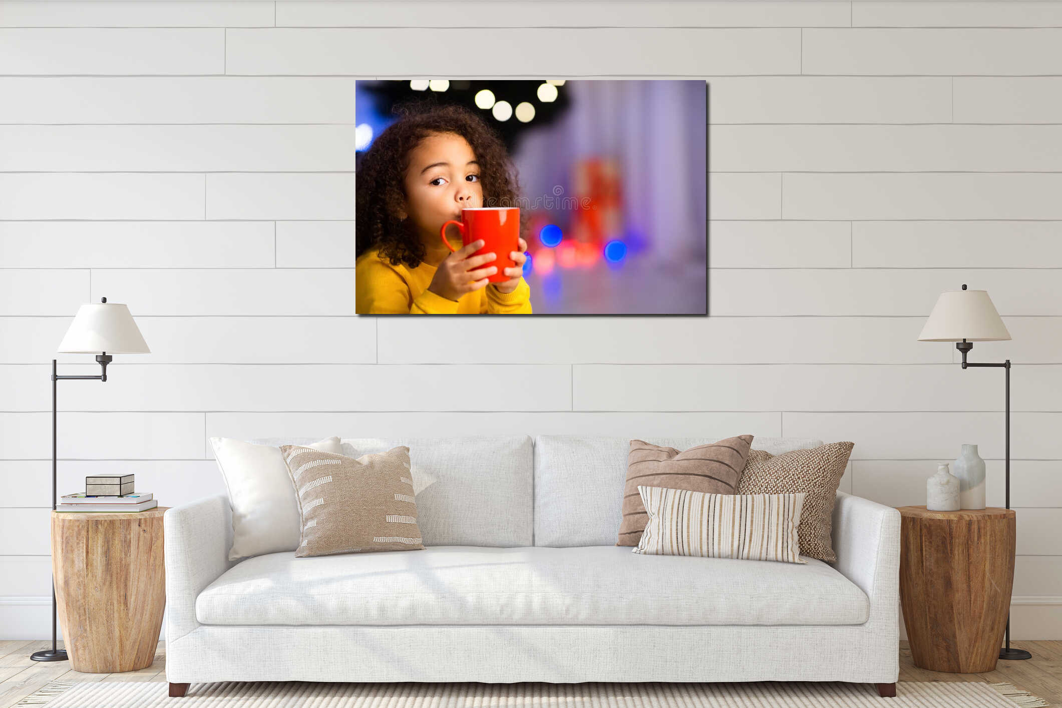 Funny african girl with cup of warm winter cocoa interior mockup