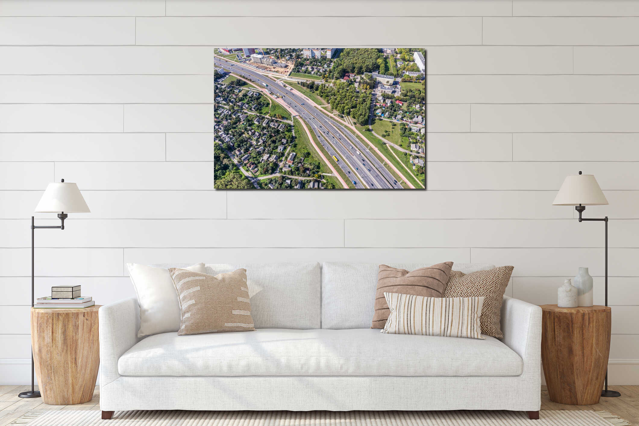 Aerial view of city residential area. car traffic on road interior mockup