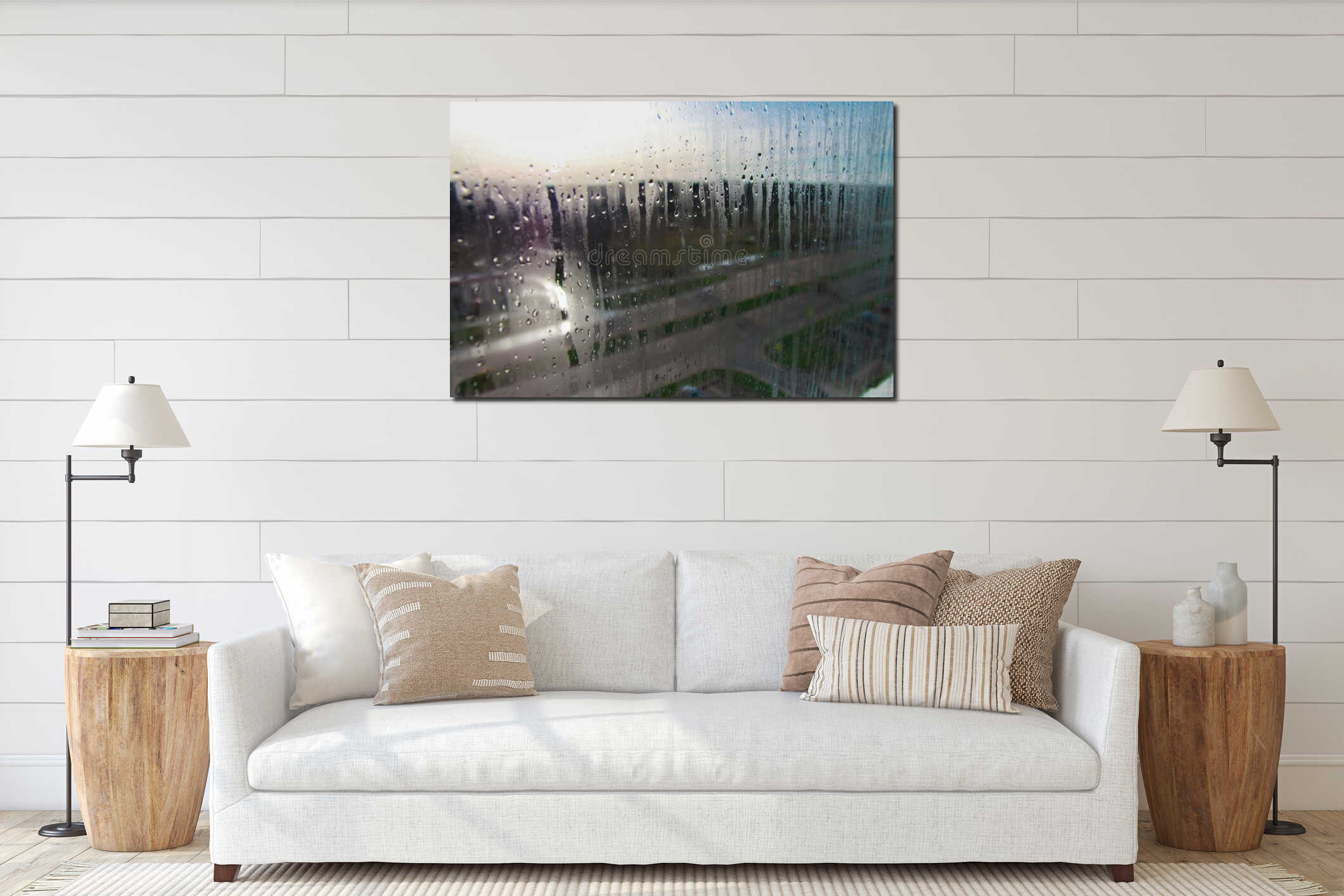 Raindrops on the clear glass window. Water drops. Rain Abstract background texture. interior mockup