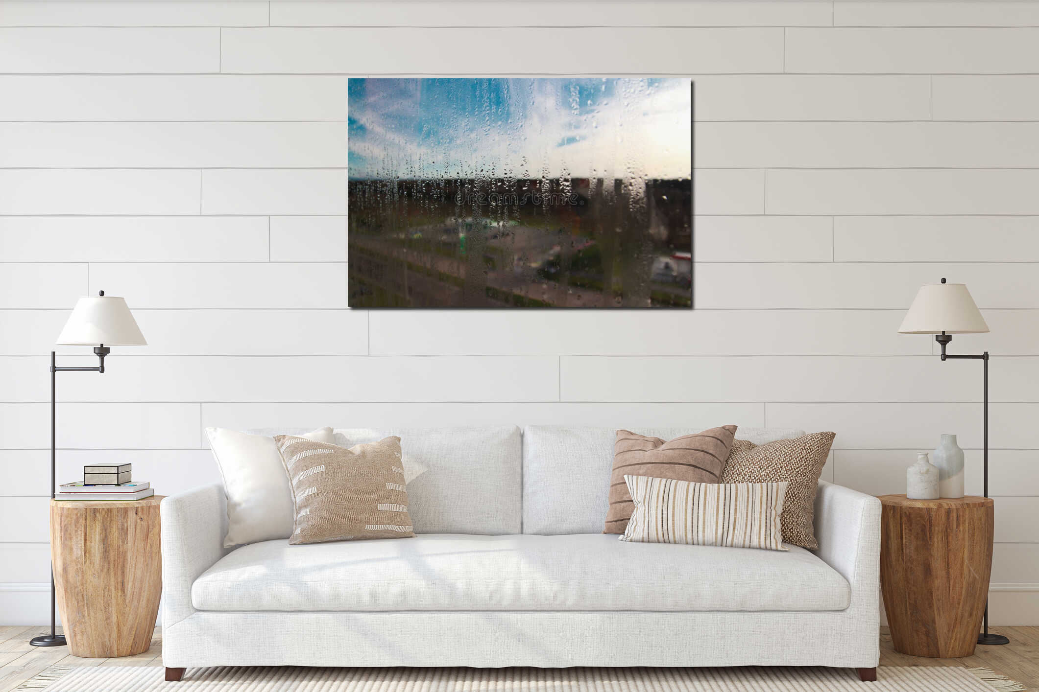 Raindrops on the clear glass window. Water drops. Rain Abstract background texture. Road view interior mockup