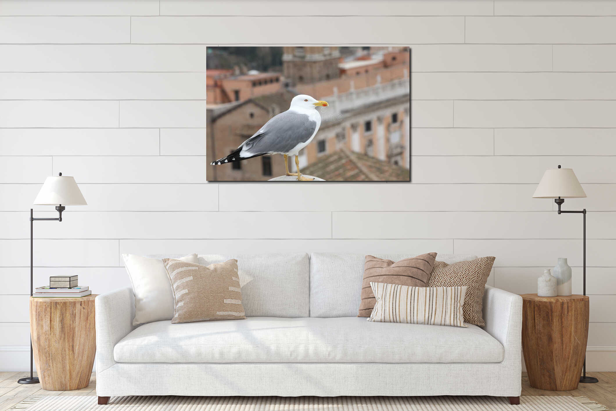 cold seagull above the roofs of the European city in winter interior mockup
