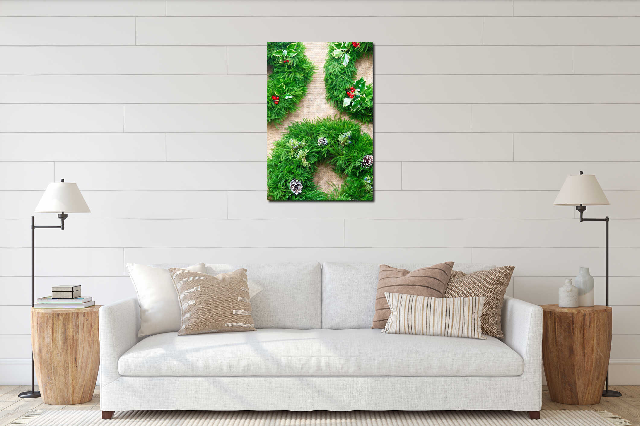 Festive Christmas wreath hanging on display interior mockup