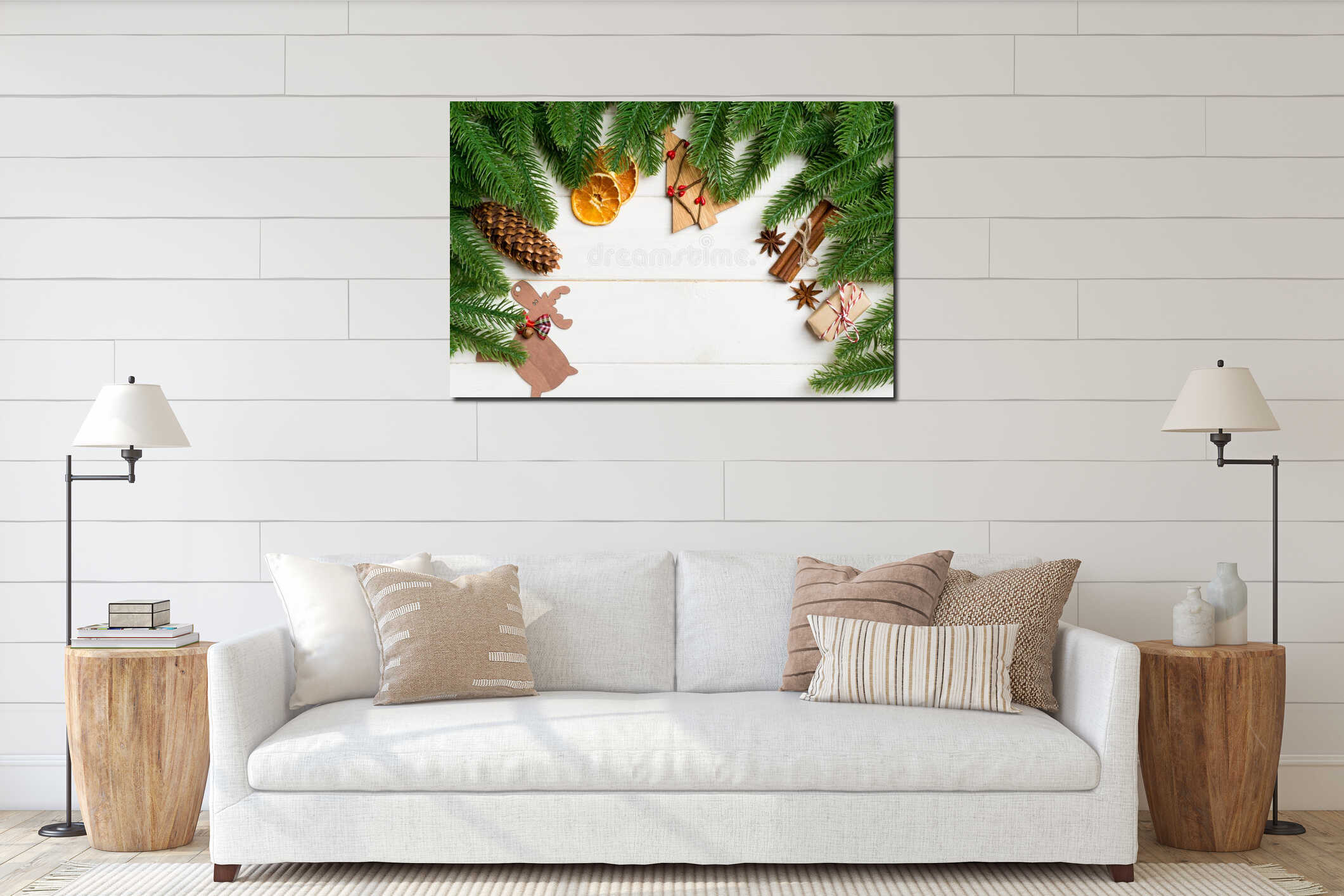 Top view of fir tree branches and festive decorative toys on wooden background. New Year time concept with empty space for your interior mockup