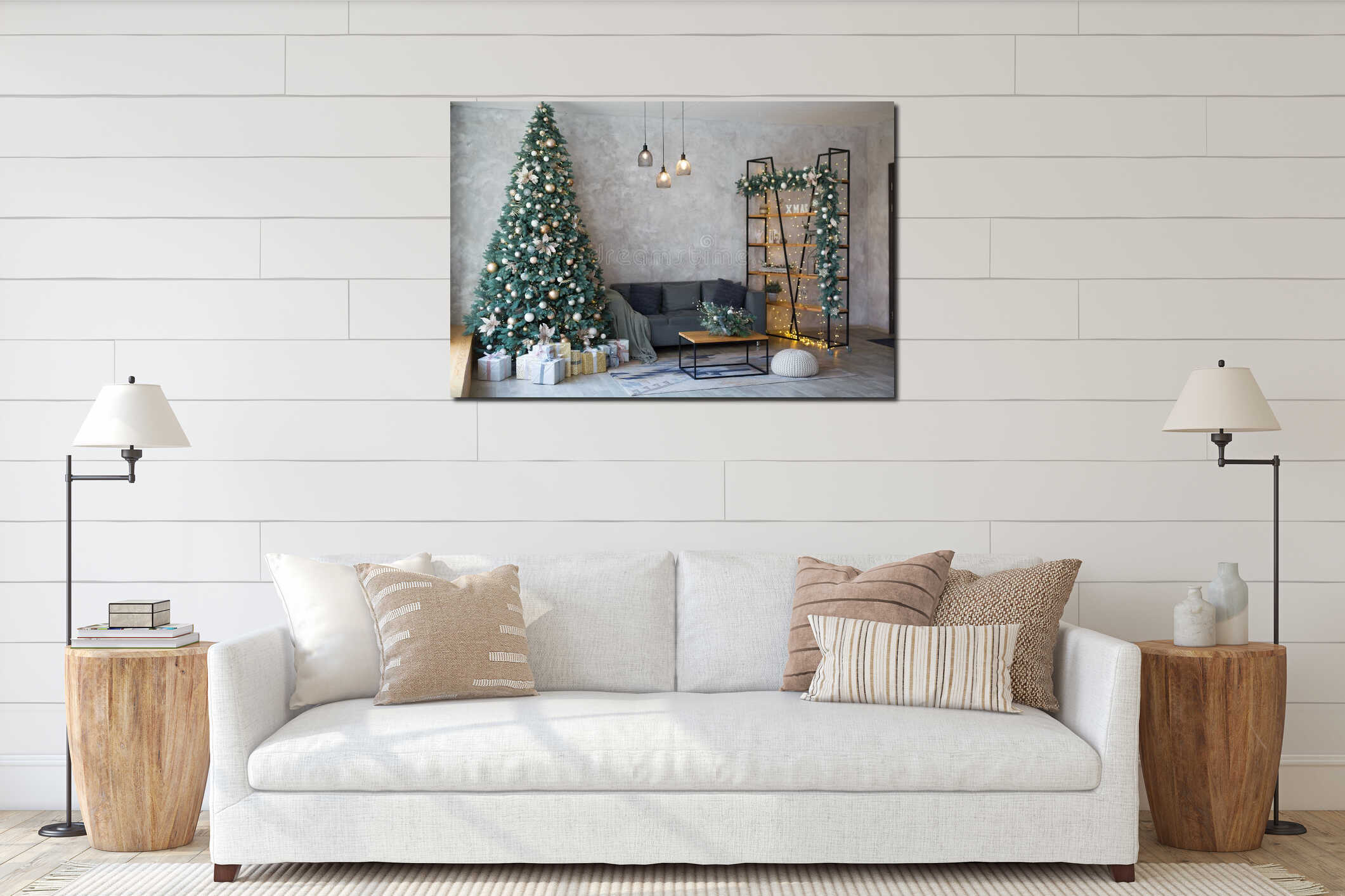 Interior of modern living room with comfortable sofa decorated with Christmas tree and gifts interior mockup