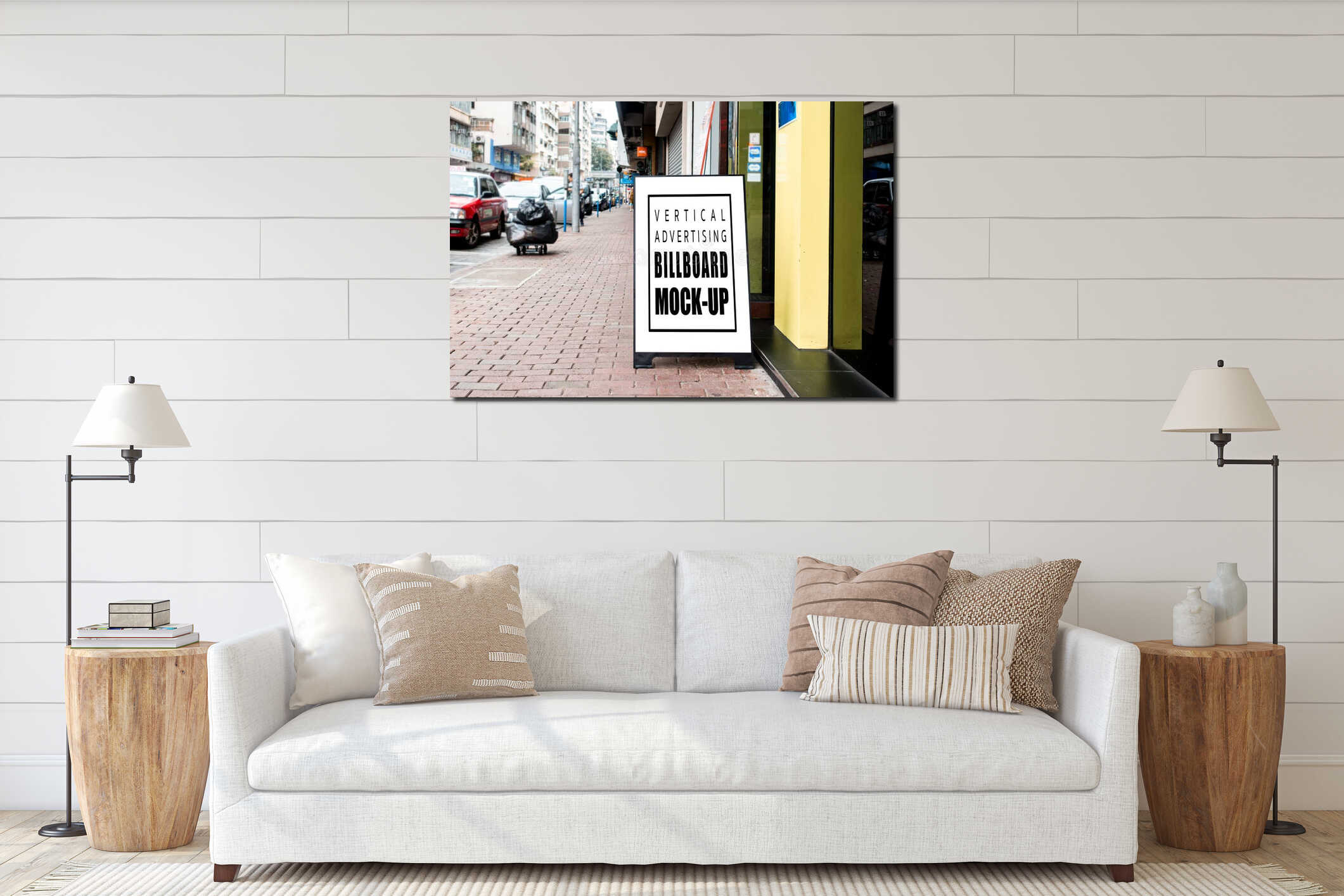 Mock up blank vertical billboard menu outside restaurant interior mockup