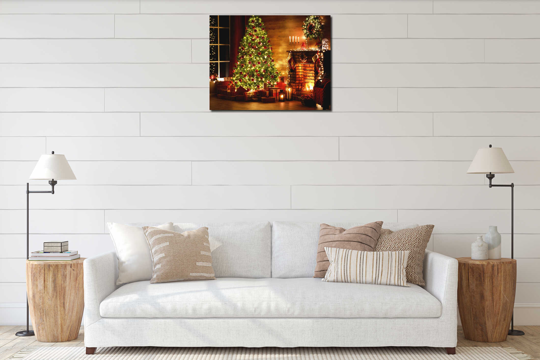 Interior christmas. magic glowing tree, fireplace, gifts in  dark interior mockup