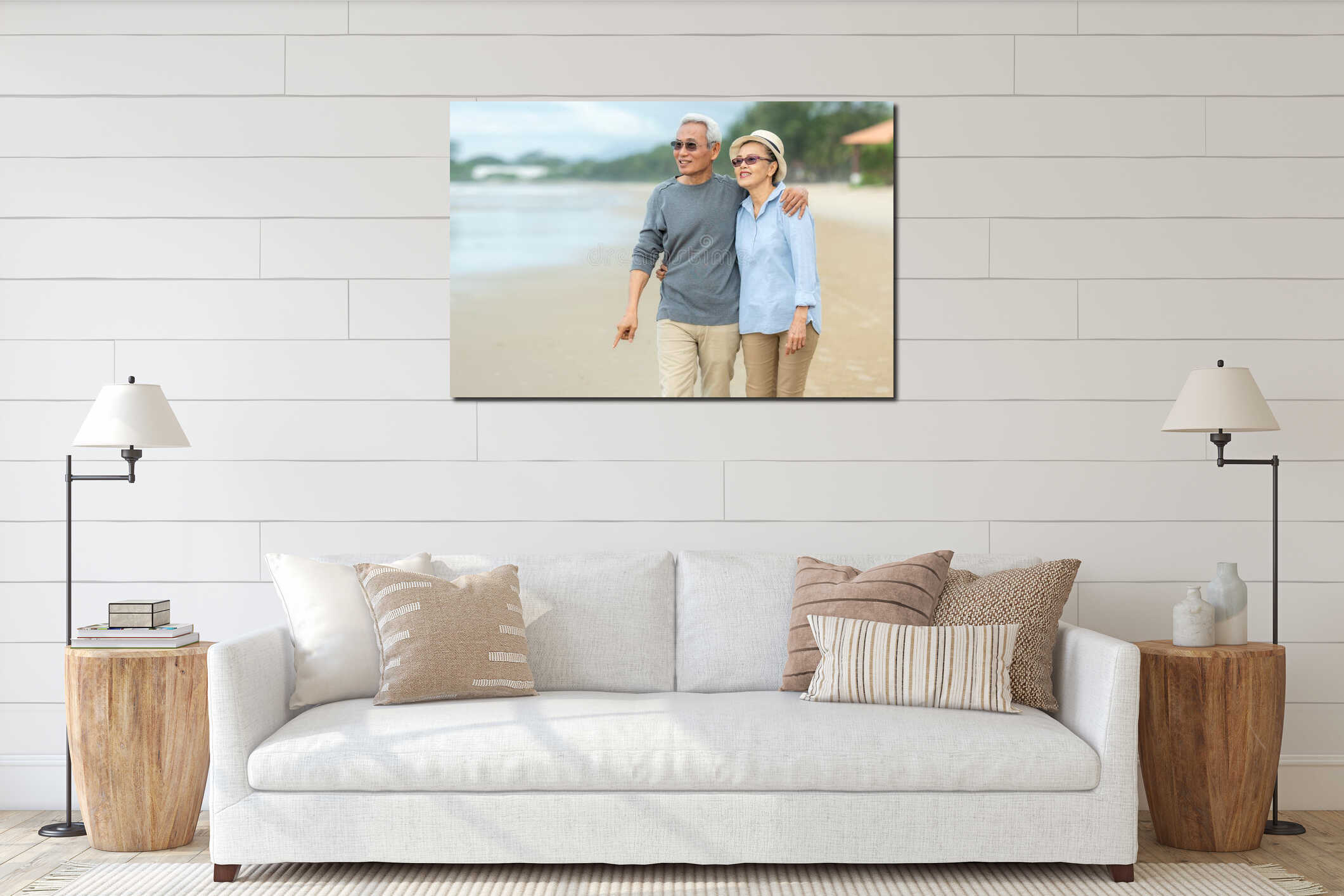 Lifestyle asian senior couple happy walking and relax on the beach.  Tourism elderly family travel leisure and activity after reti interior mockup