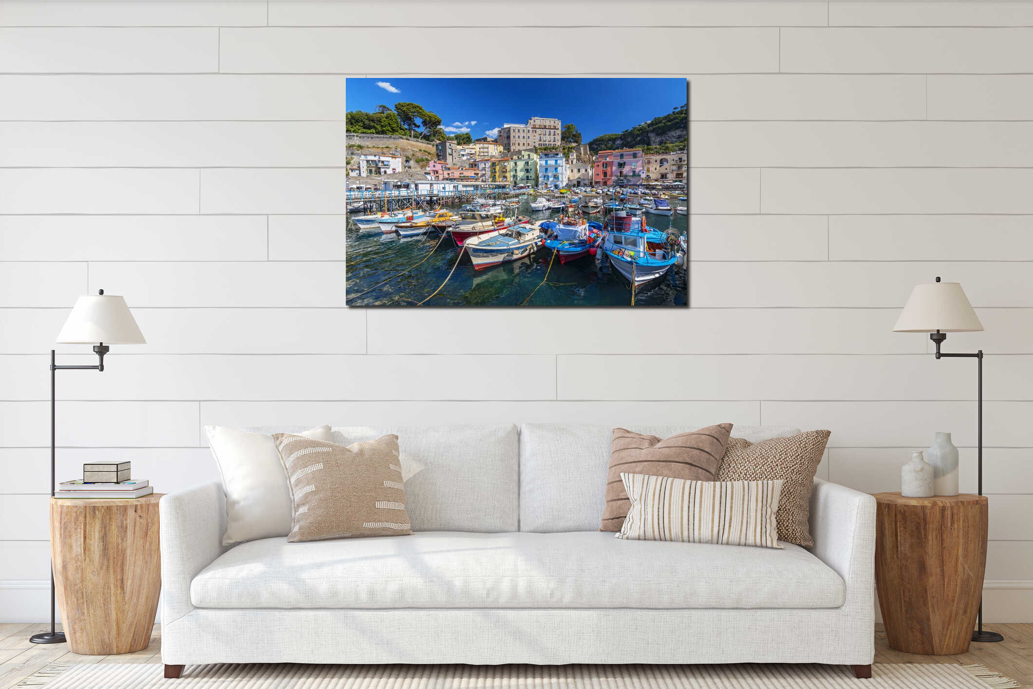 Small fishing boats at harbor Marina Grande in Sorrento, Campania, Amalfi Coast, Italy interior mockup