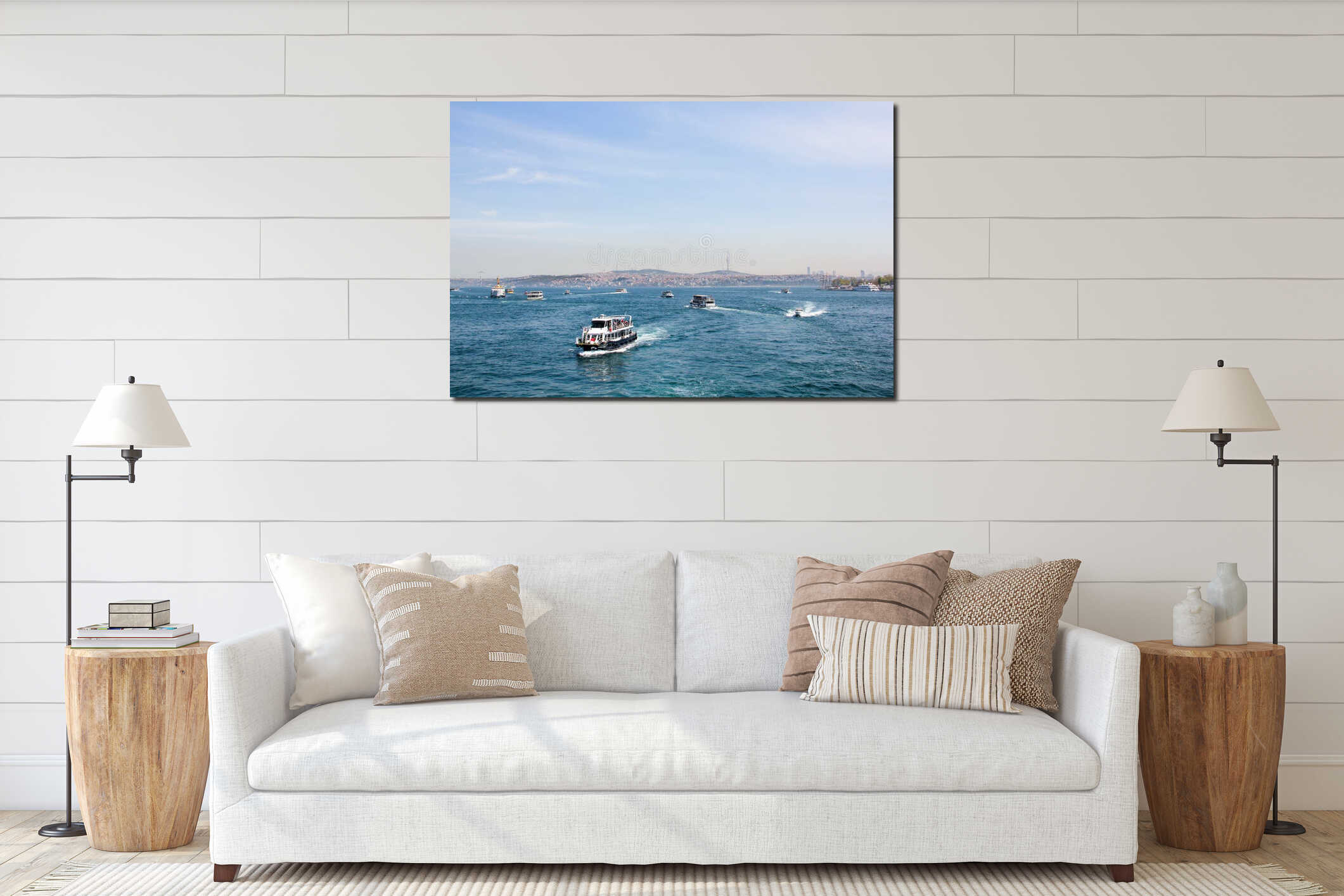 View of the ships going through the Bosphorus from the Galata Bridge, skyline of the Asian side of the city of Istanbul interior mockup