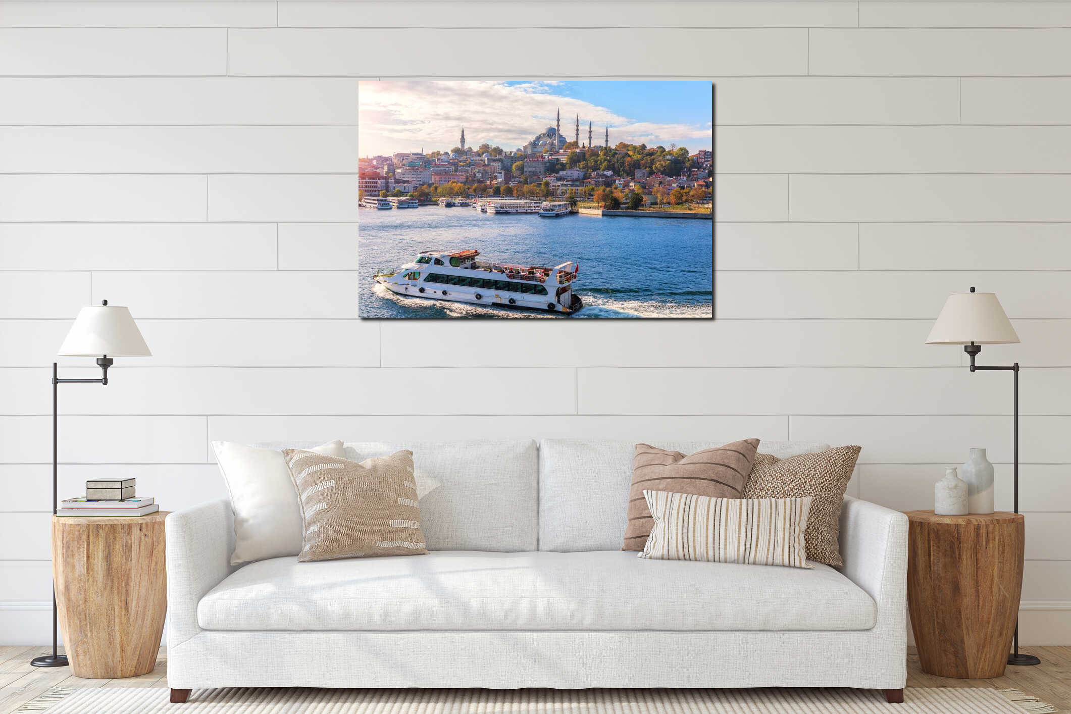 Ships in the Bosphorus, Eminonu pier and the Suleymaniye Mosque, Istanbul interior mockup