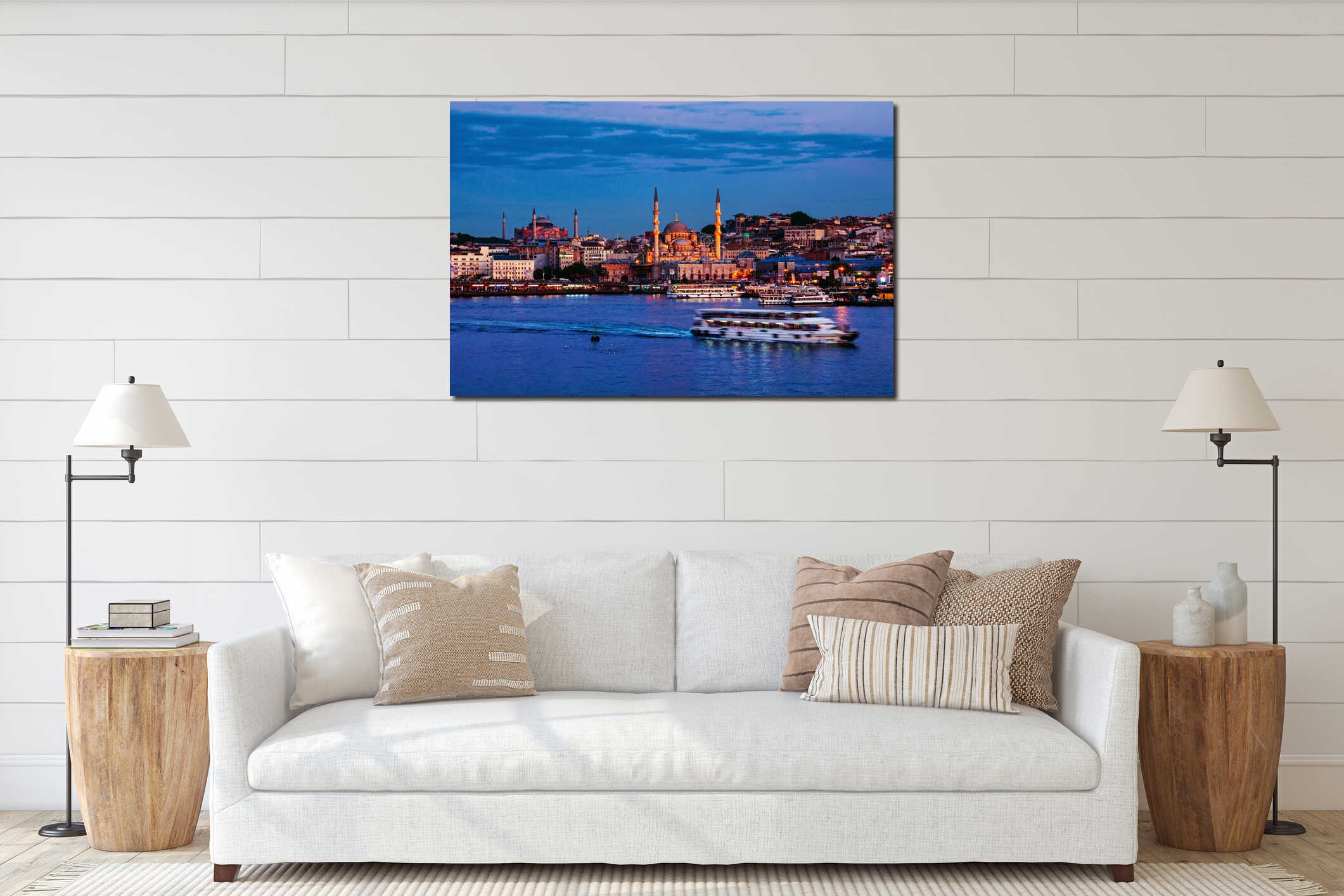 Aerial view of harbor with ships going down the river Bosporus in Istanbul, Turkey interior mockup