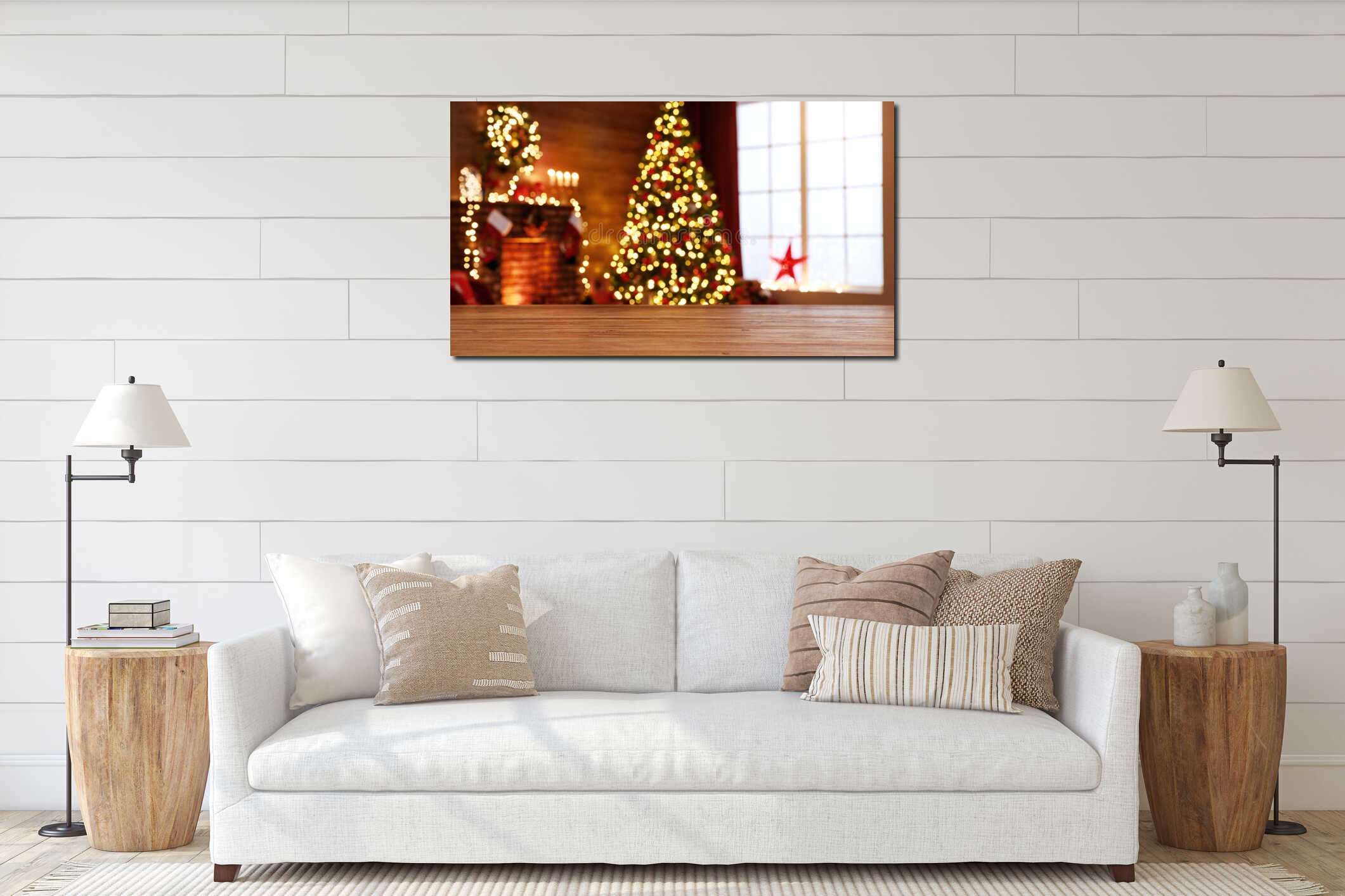 Interior christmas. magic glowing tree, fireplace, gifts interior mockup