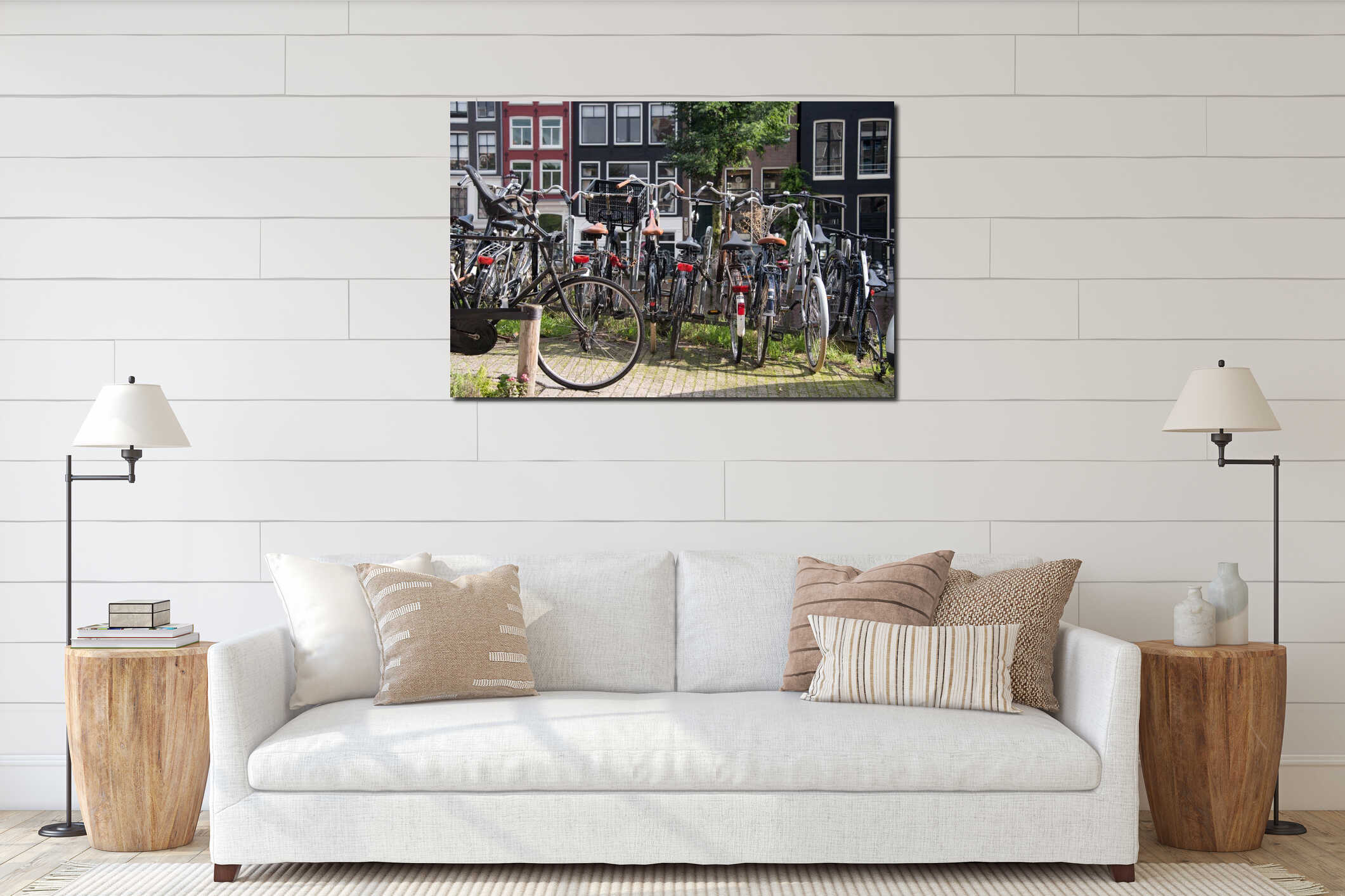 Bicycles parked on a bridge in Amsterdam, The Netherlands. A lot of parked bikes on the pavement. interior mockup
