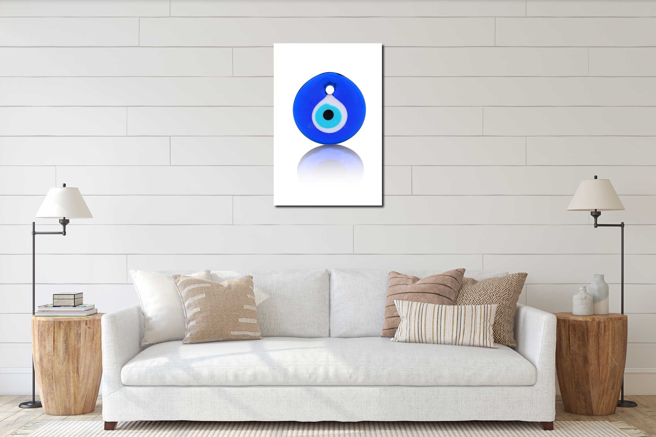Evil eye bead (amulet) isolated on white interior mockup