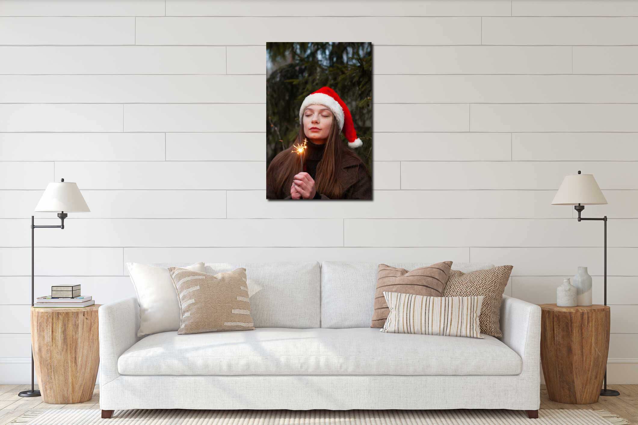 Beautiful happy young girl with Santa Claus hat. Holding sparklers. Girl makes a Christmas wish interior mockup