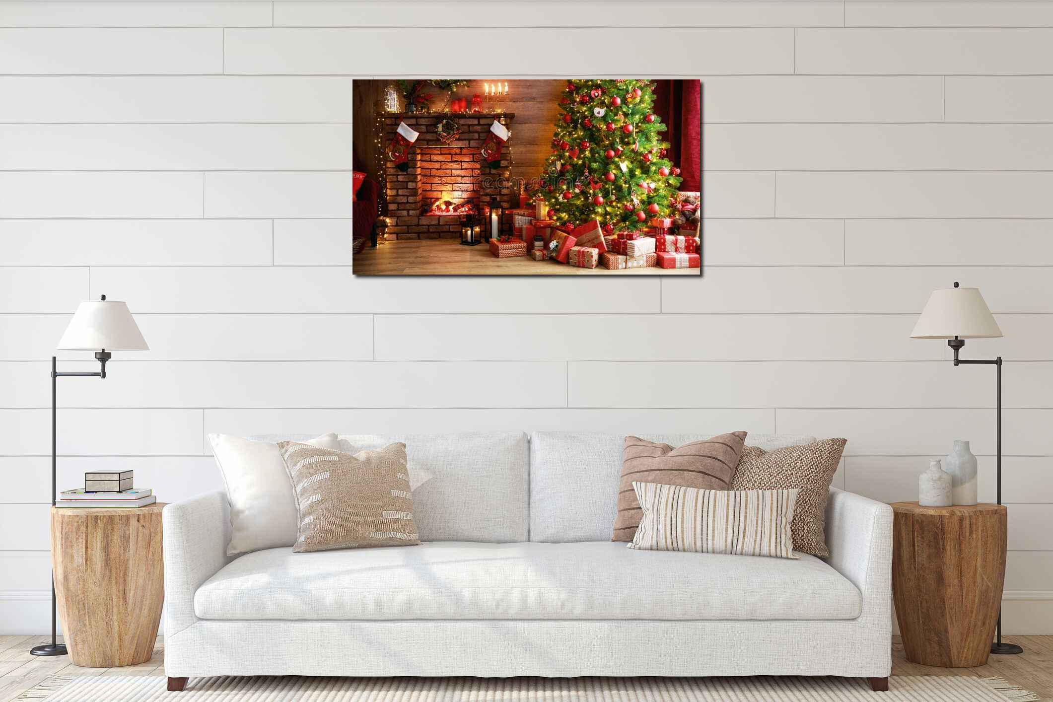 Interior christmas. magic glowing tree, fireplace, gifts in  dark interior mockup