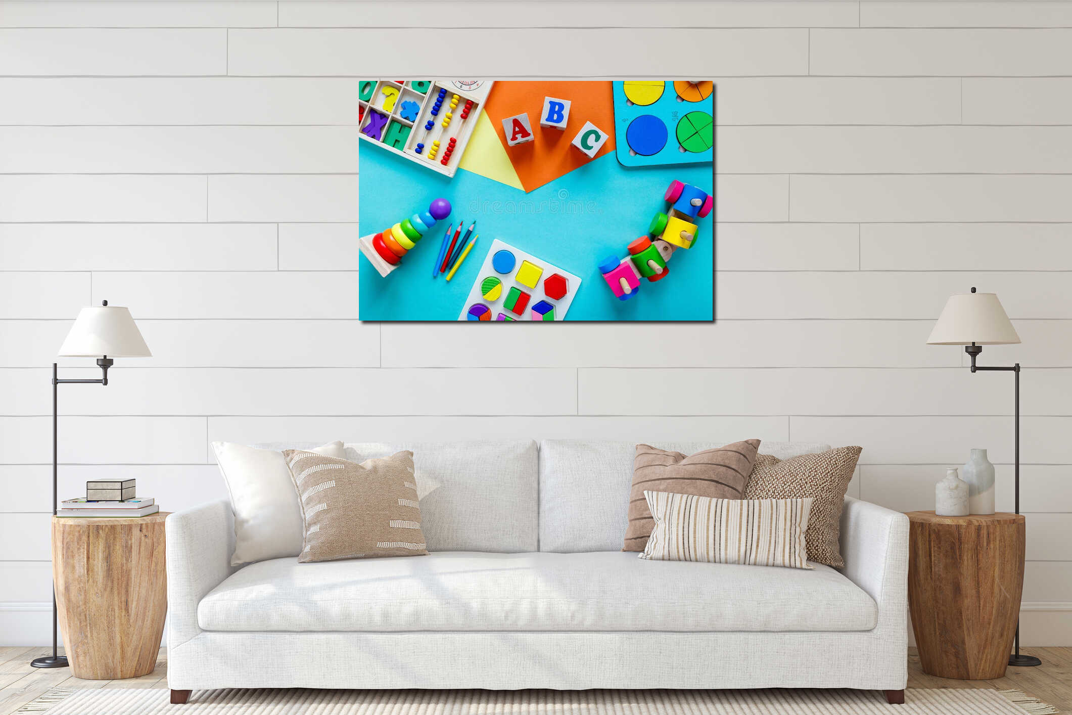 Wooden kids toys on colourful paper. Educational toys blocks, numbers, letters, train. Toys for kindergarten, preschool interior mockup