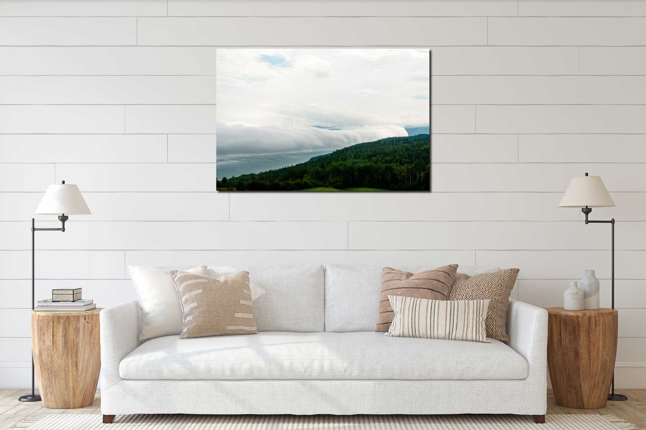 Foggy day by the St-Laurent river, golf fiel interior mockup