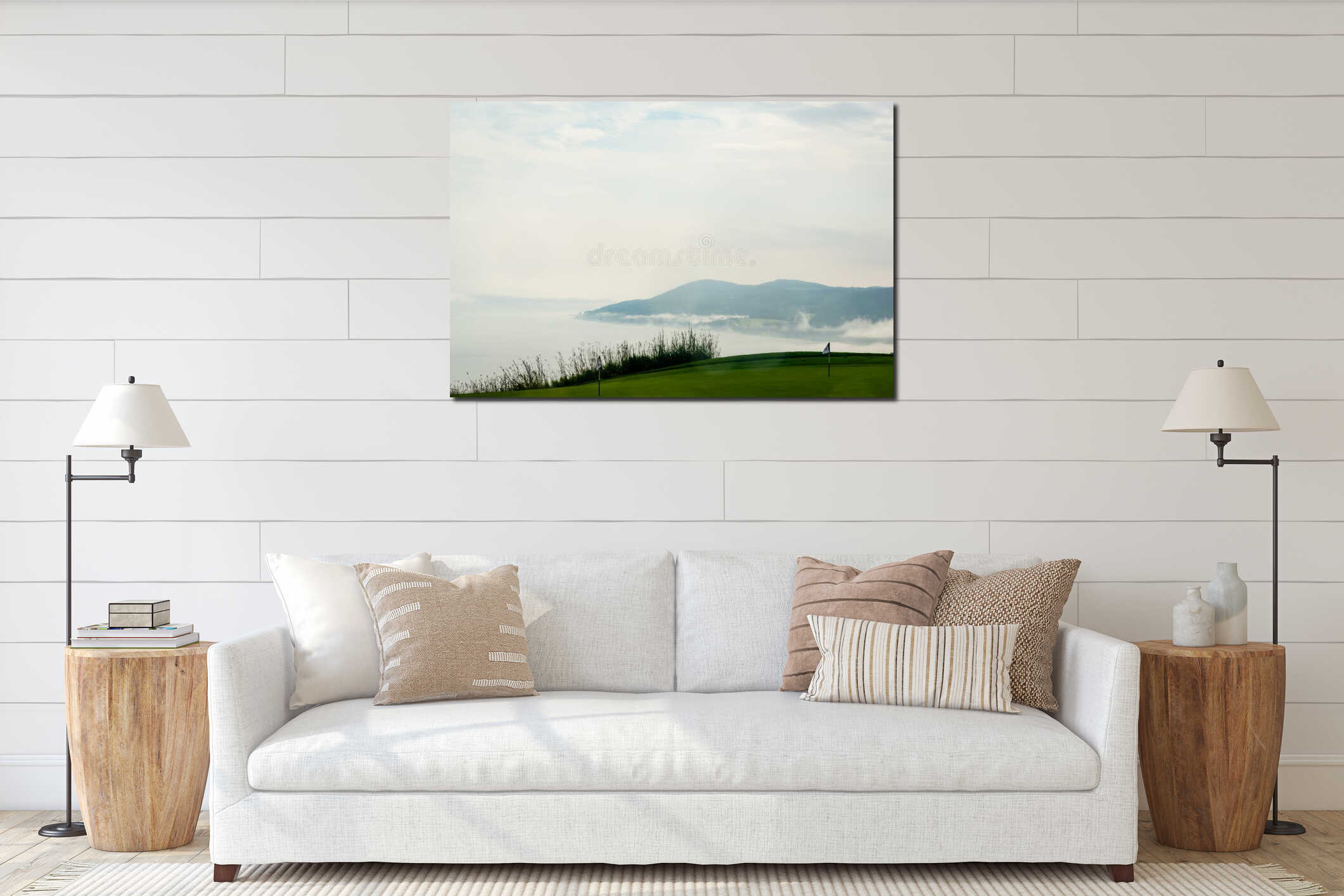 Foggy day by the St-Laurent river, golf field interior mockup
