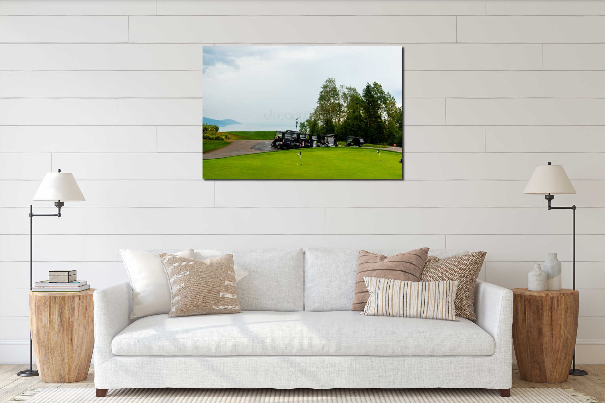 Foggy day by the St-Laurent river, golf field interior mockup