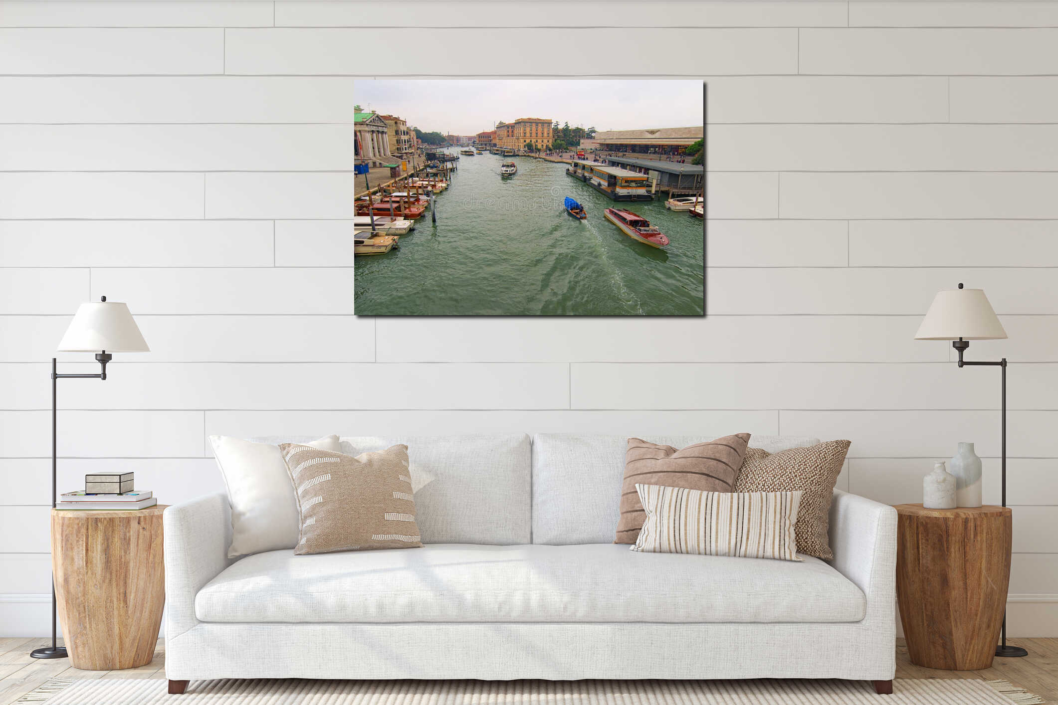 Picturesque landscape of the city. Scenic Grand Canal with boats, big square near building of the Venezia Santa Lucia. interior mockup