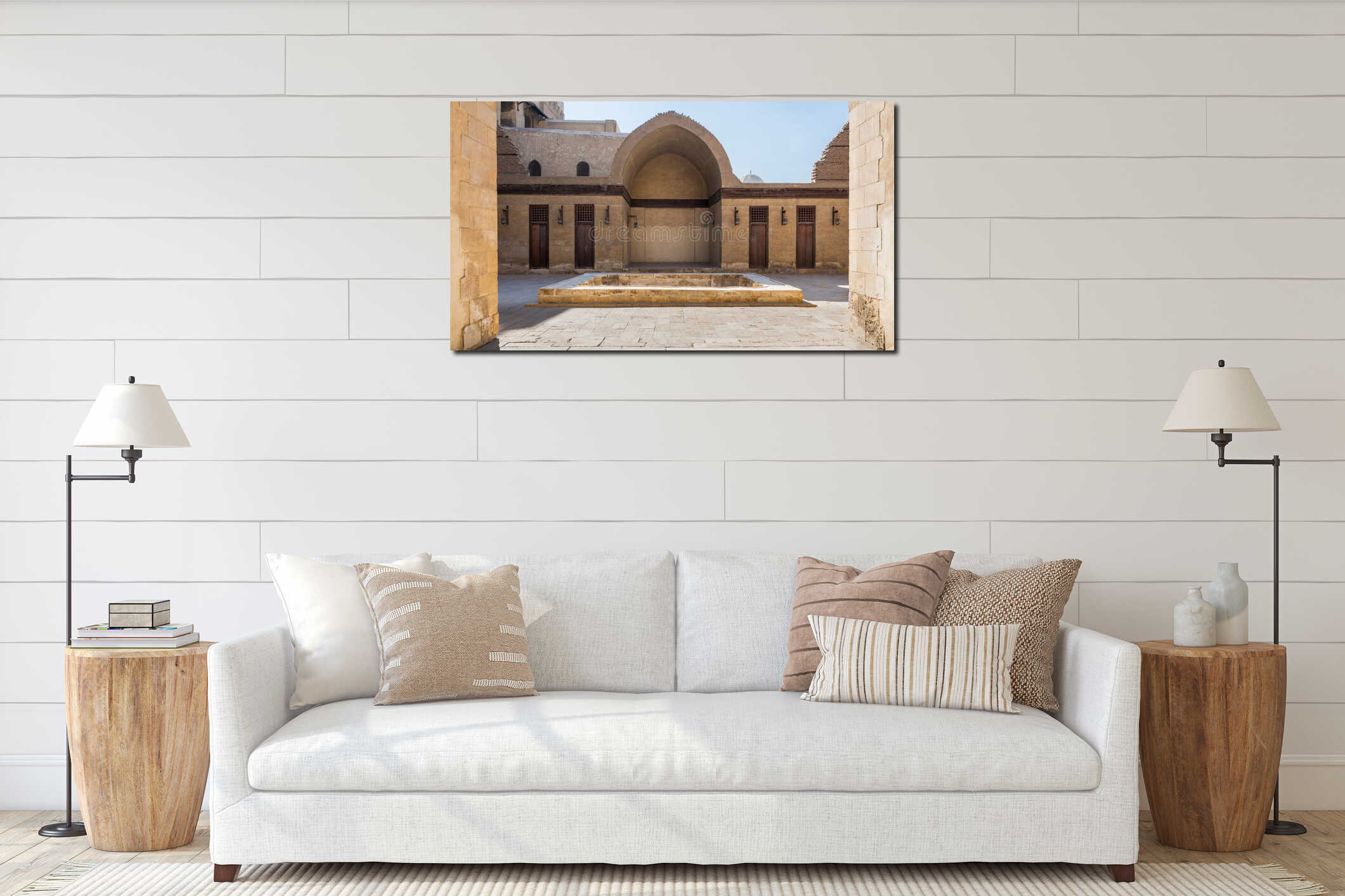 Courtyard of mosque of Sultan Al Nassir Qalawun with side arched iwan and wooden doors, Cairo, Egypt interior mockup