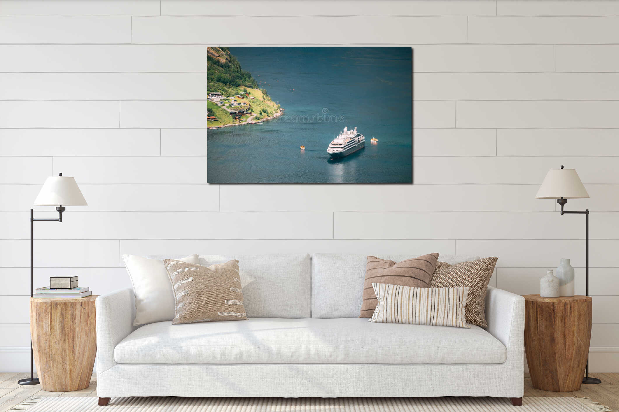 Geirangerfjord, Norway. Touristic Ship Ferry Boat Floating Liner Moored Near Geiranger In Geirangerfjorden In Spring interior mockup
