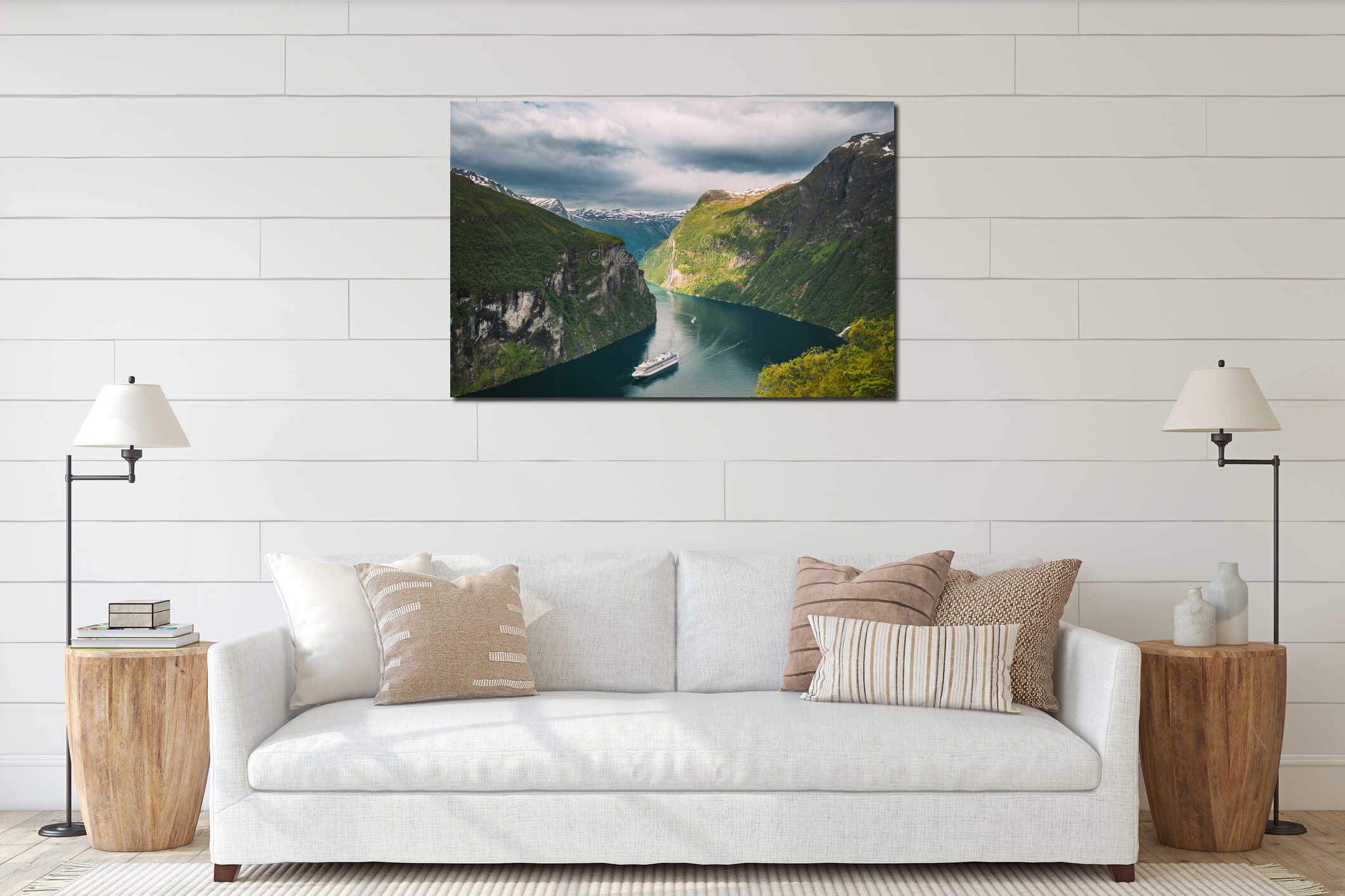 Geirangerfjord, Norway. Touristic Ship Ferry Boat Cruise Ship Liner Floating Near Geiranger In Geirangerfjorden In interior mockup