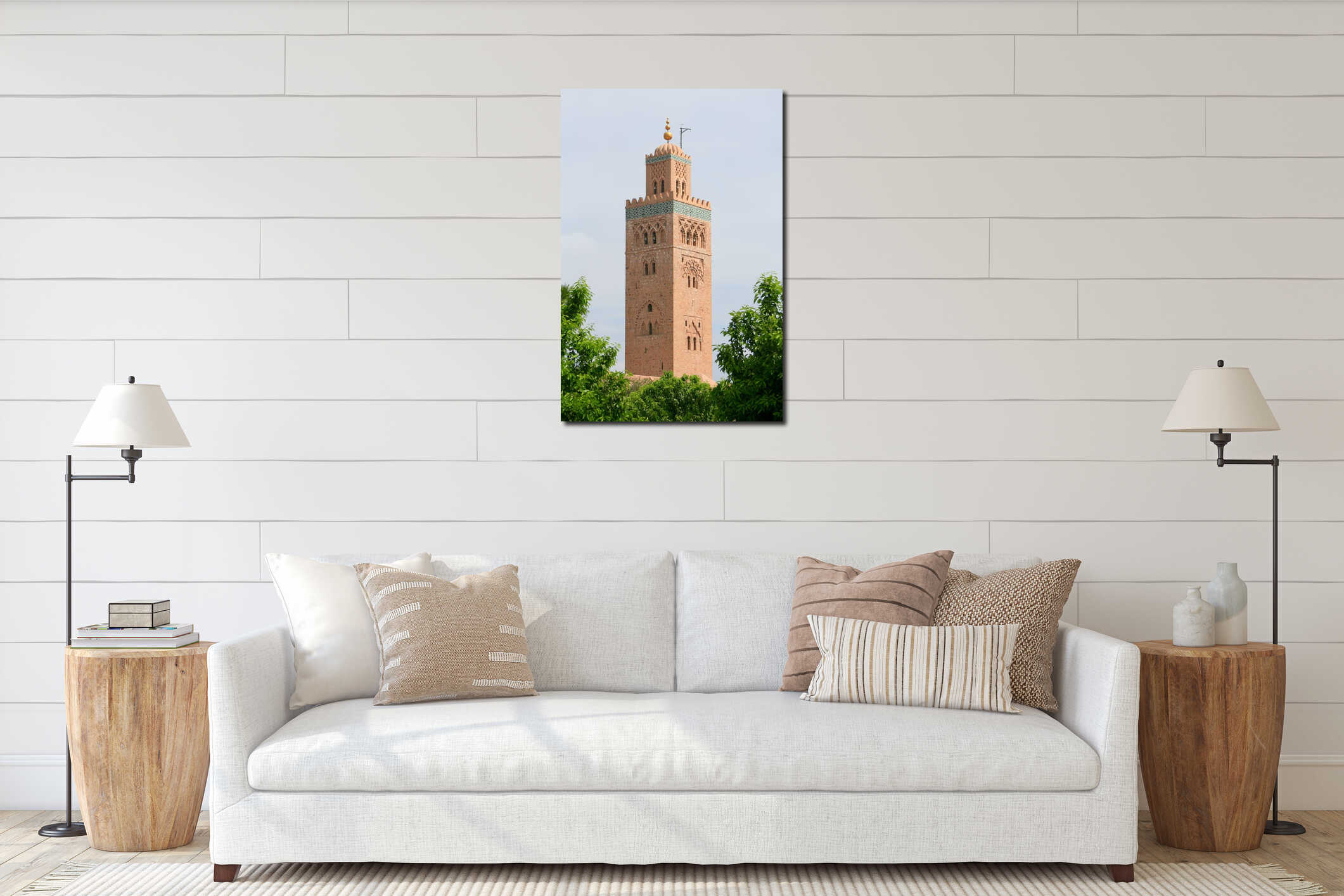 Minaret of historic Moroccan mosque interior mockup