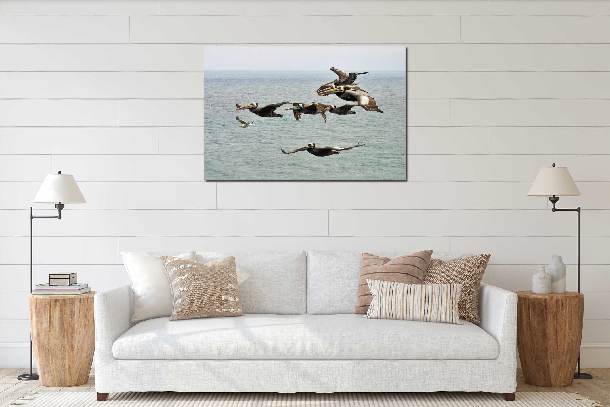 A flock of flying Northern gannet seabirds and a white seagull - concept of being different interior mockup