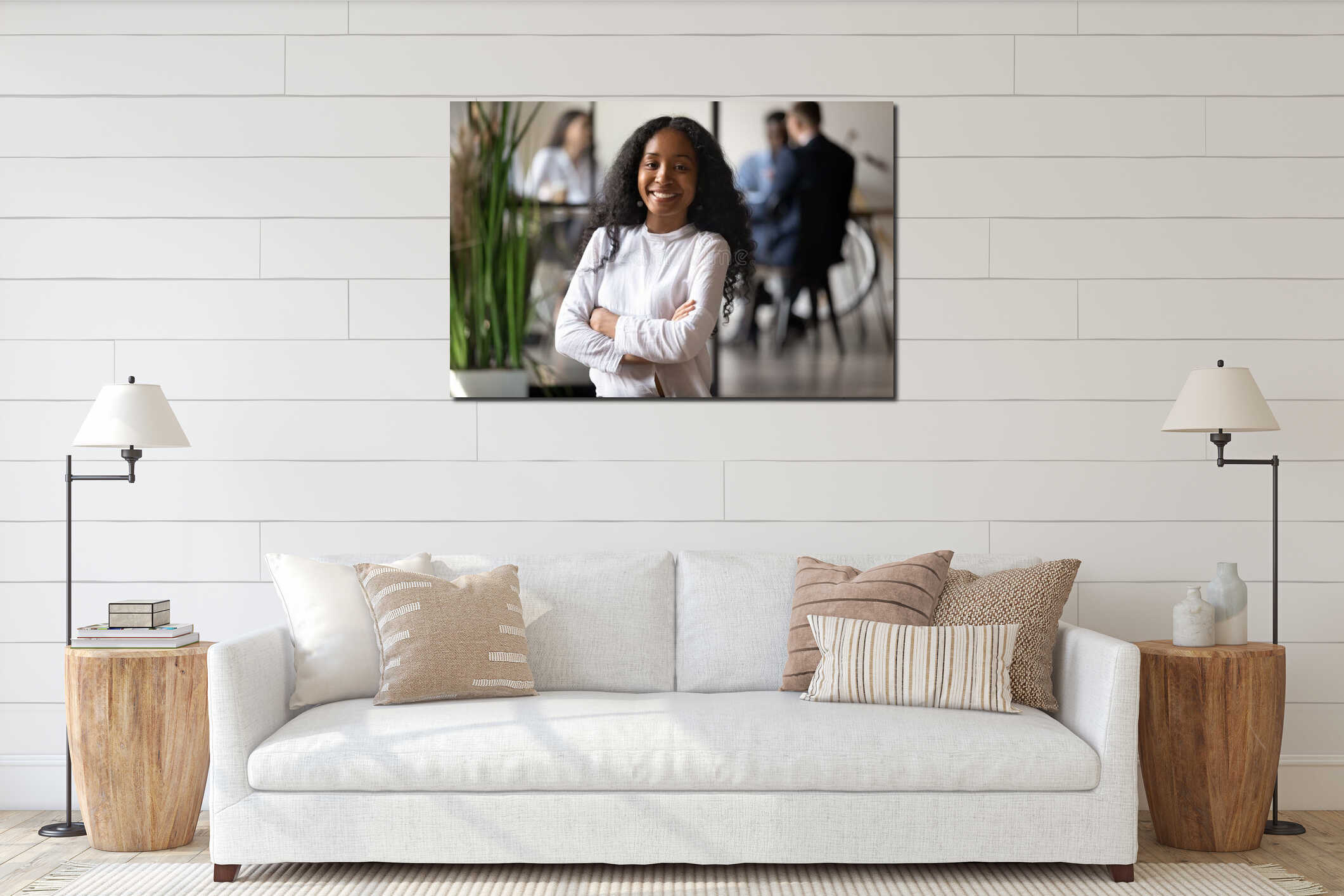 Head shot portrait of smiling young african american female professional. interior mockup