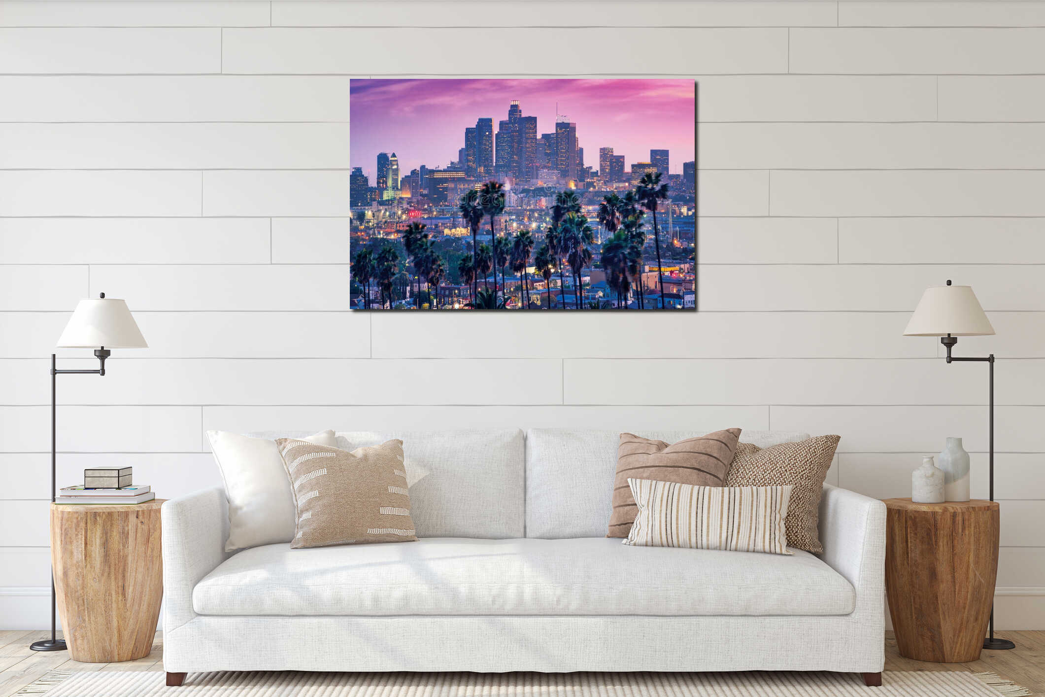 Amazing sunset view with palm tree and downtown Los Angeles. California, USA interior mockup