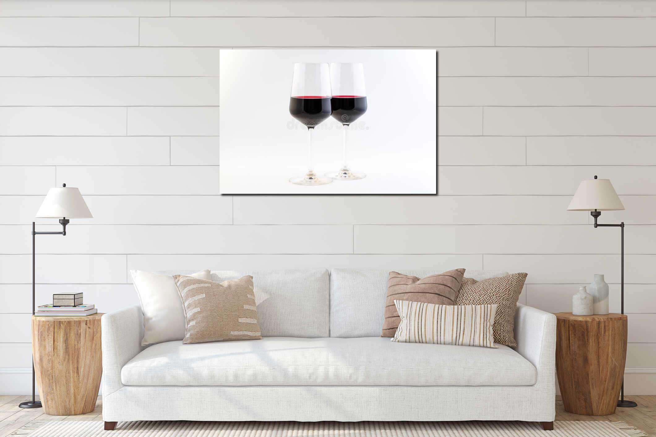 Two clean shiny wine glasses with red wine interior mockup
