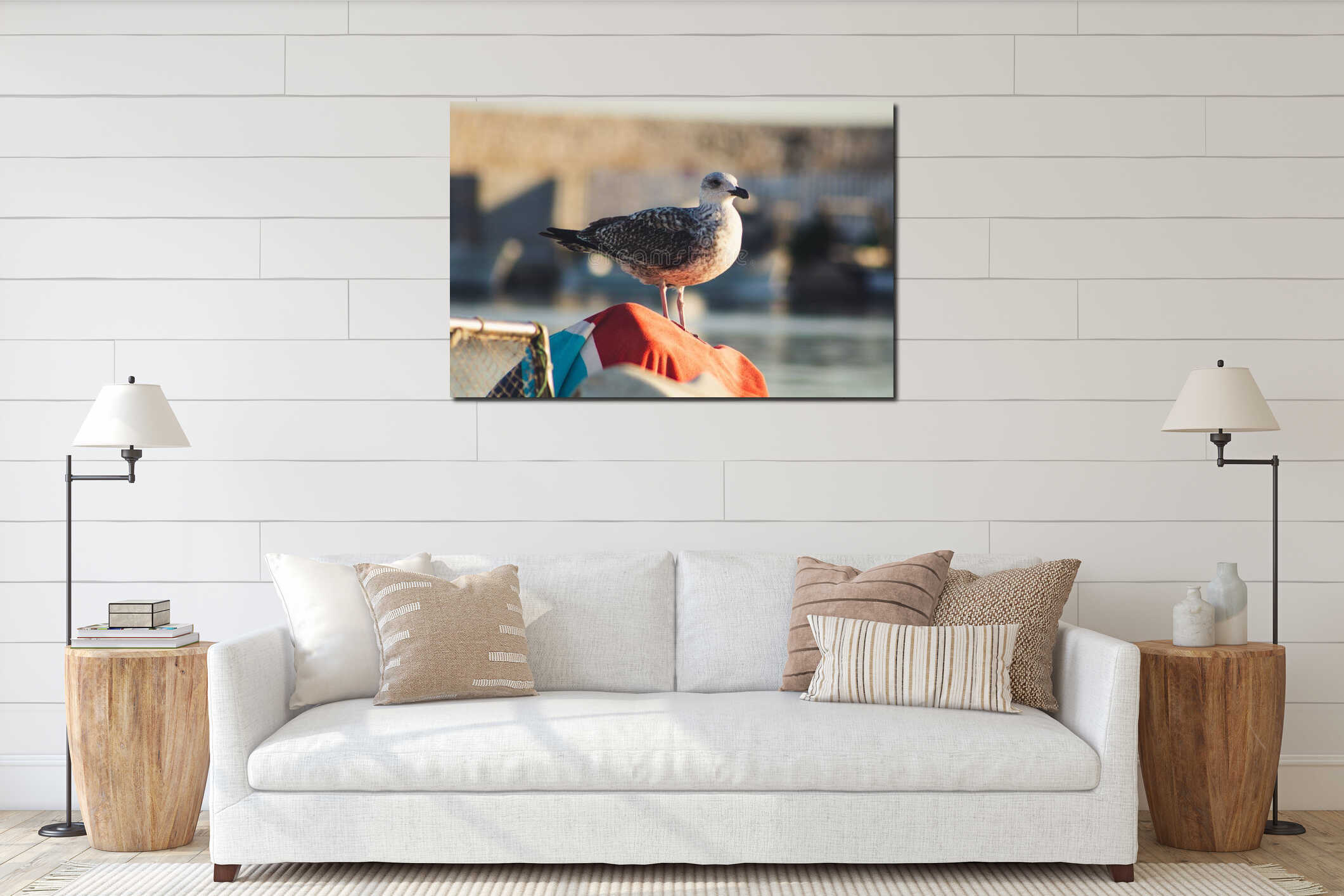Seagull standing in the harbor interior mockup