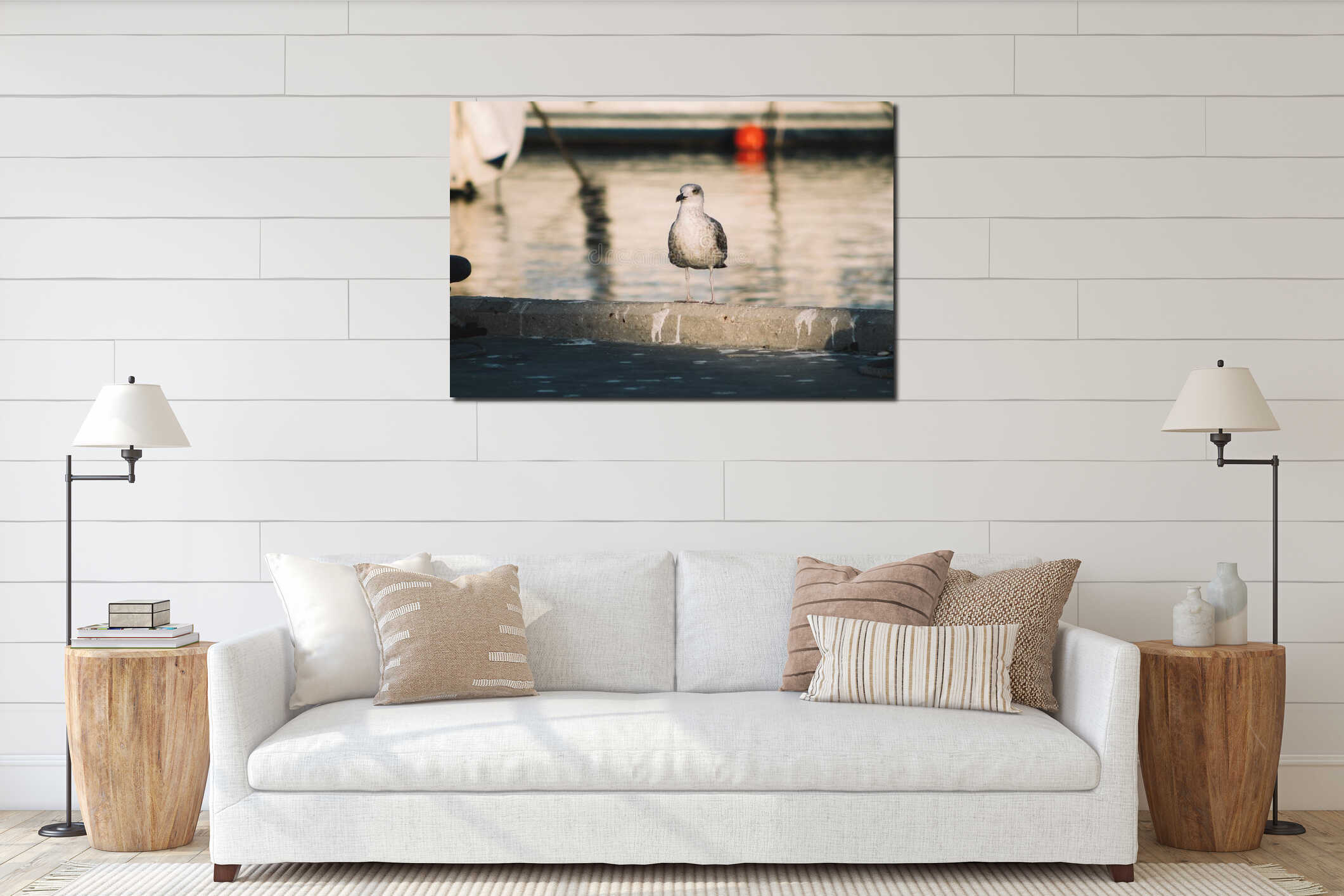 Seagull standing in the harbor interior mockup
