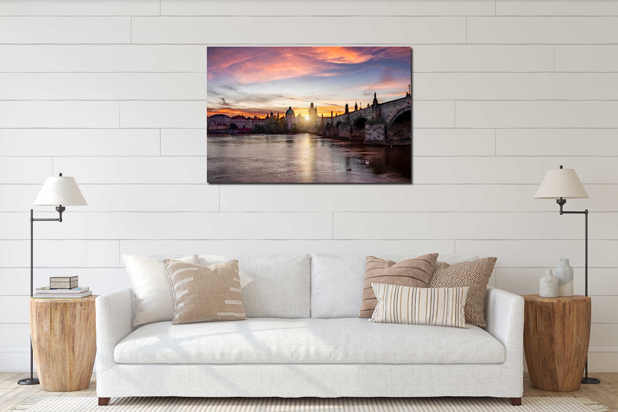 The gothic skyline of Prague, Czech Republic, during sunrise time interior mockup