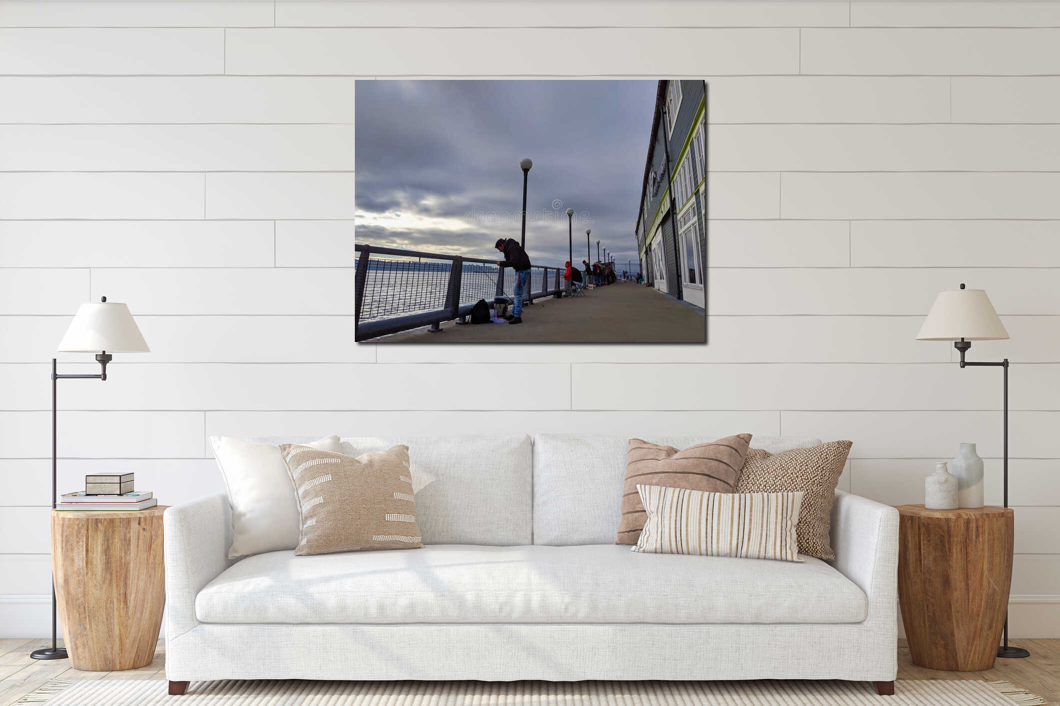 Several people fishing and viewing the landscape from the Pier 54 docks interior mockup